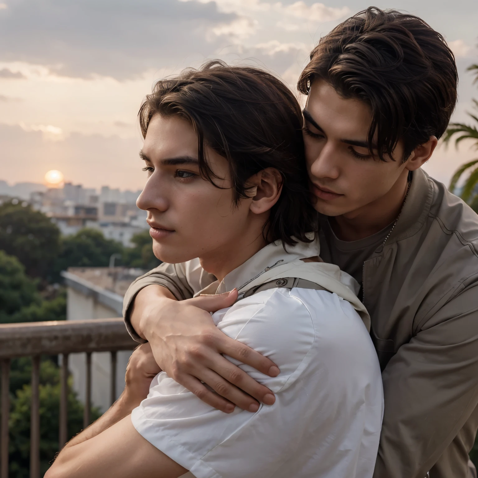 maximum quality、Super high resolution、Um hiper-realista、realista、Fotografia bruta、imagem 8k homem ator Taylor zakhar perez 、usando terno de casamento pret、Homem ator nicholas galitzine, cabelos loiros, caressing each other hugging from behind、The man&#39;s hand is attached to the other man&#39;s side、Romantic 2、banco de parque、The sunset is a symbol of heart.