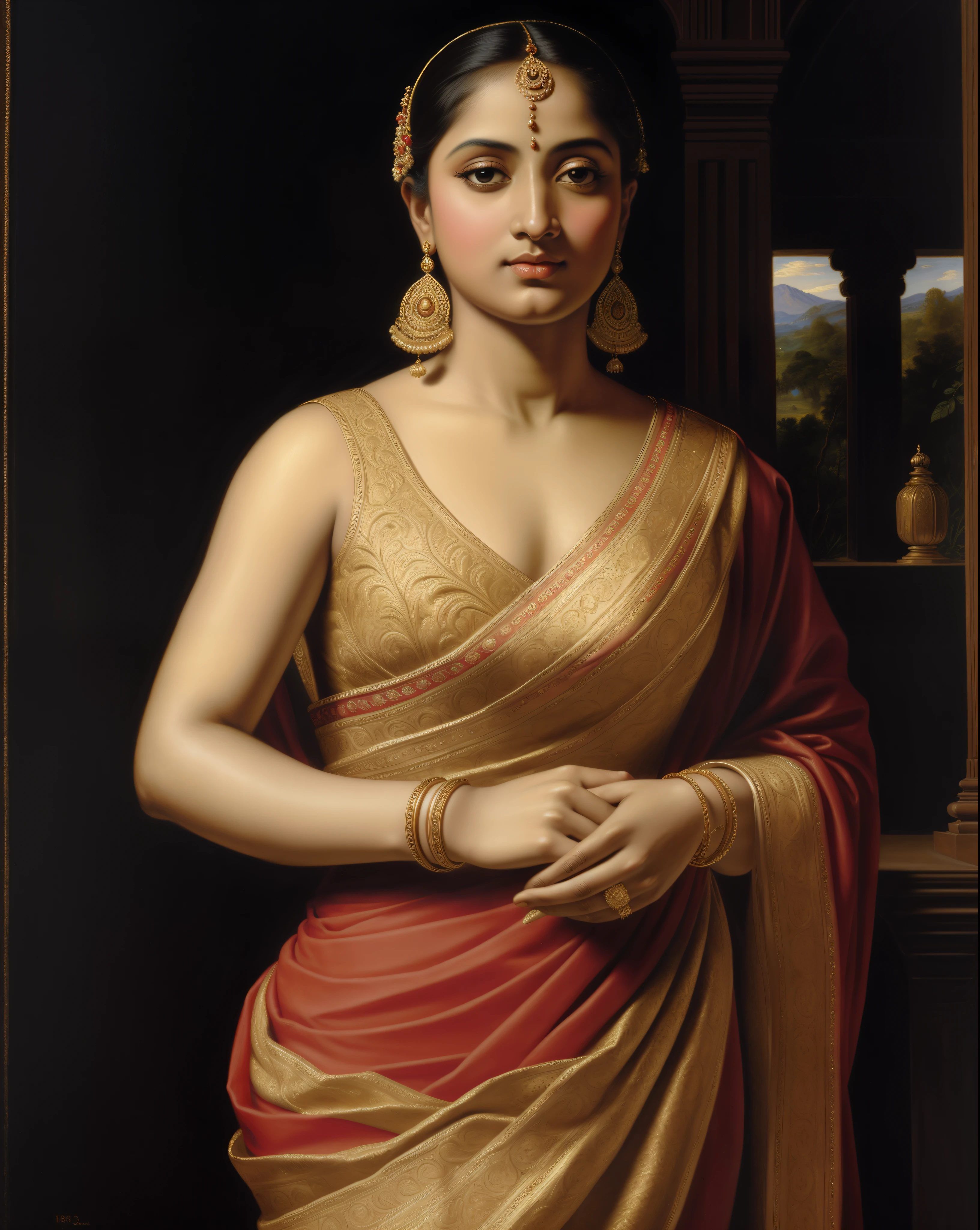 Beautiful Indian Woman, wearing saree, sari Beauty, gorgeous, Apsara, Maharani, royal queen woman, nymph from Hindu Mythology, pierced eyes, Urvashi, matchless beauty, Highly detailed, Oil Painting by Peter Paul Rubens inspired by Raja Ravi Varma, Matchless beauty, captivating, gorgeous, heavenly beauty, celestial beauty, by Peter Paul Rubens, 1893, realistic, hyper realistic, micro details, incredible artwork, insane details, ultra High resolution, 8k, 32k, acrylic on canvas, intricate, flawless, detailed, detailed face, detailed eyes, masterpiece, by Peter Paul Rubens, by Caravaggio, by William Adolphe bouguereau, perfect face, perfect body, beautiful art, realism, baroque, renaissance Art, highly textured, beautiful eyes, uhd, best quality,