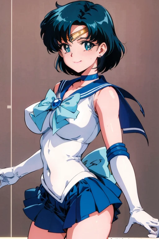 highest quality、masterpiece、anime boy、、gender change、gender change(girl to boy)、一人in、Sailor Senshi Uniform、Which one is Mizuno?、sailor mercury、white gloves、elbowgloves、blue choker、rining:Safety、jewelry、greenい目の少年、Very short green-haired boy、greenいセーラー襟、Sky green bow tie、earrings、skirt、bow、Magical Boy、white leotard、high leg leotard、white dress、looking for_in_viewer、green_bow、sky green_bow、a green skirt、muscular man、boy standing、covered_belly button、closed_mouth、Slope_returnground、circlet、a miniskirt、pleinedskirt、Slope、return_bow、bare shoulders、barefoot、clavicle、bangs、(1990s\(style\):0.9)、