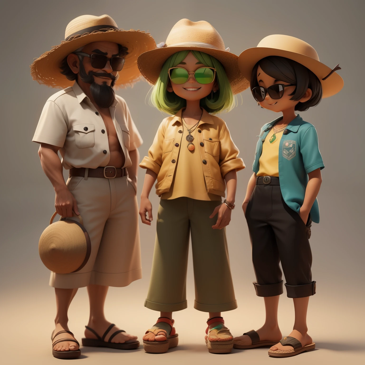 velho tipicamente brasileiro, 70 anos, morena escuro, straw hat, sunglasses, camisa listradas, cores verdes, dress pants and leather espadrilles standing smiling, cartoon, 3D, 4K.