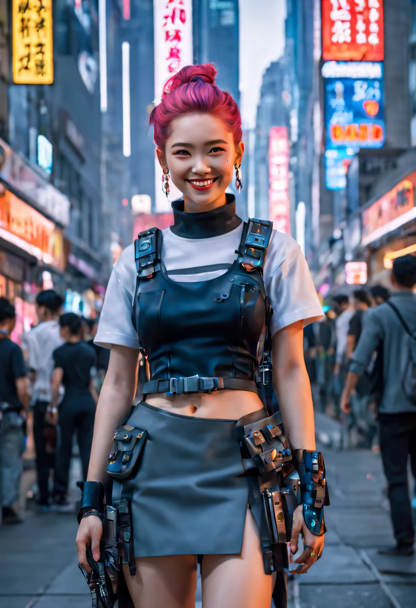 masterpiece, best quality, ((smiling)) cyberpunk girls standing, having grey and grey uniform and black long skirt, Harajuku-inspired cyberpunk body harness, bold colors and patterns, eye-catching accessories, trendy and innovative hairstyle with baroque influence, dazzling Cyberpunk cityscape, skyscrapers, glowing neon signs, LED lights, anime illustration, detailed skin texture, detailed cloth texture, beautiful detailed face, intricate details, ultra detailed, cinematic lighting, strong contrast.