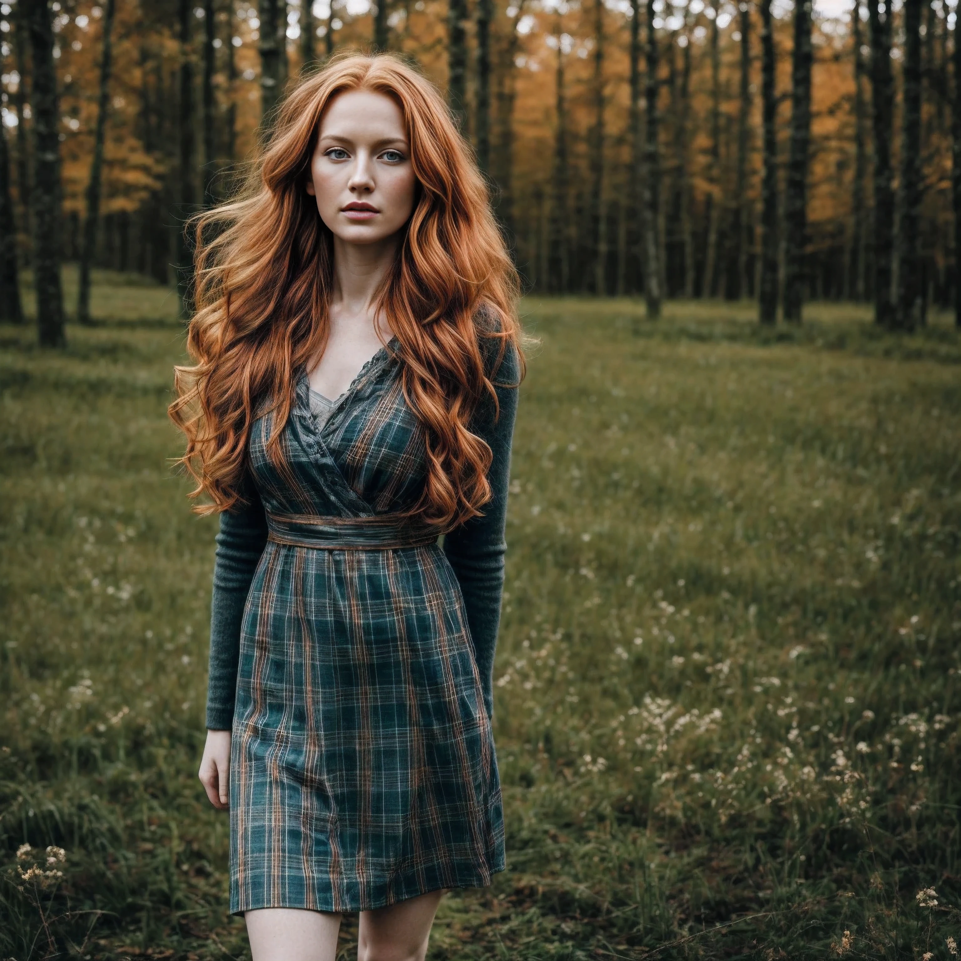 1woman in, age35, Solo, Aesthetic artwork, irish  redhead, wavy ginger hair, shoulder length ginger hair, some small freckles, pale skin, small breasts, runners body, fullbody shot, imperfect skin, goosebumps, tartan dress, beautiful nature location, around flower location, (extremely detailed 8k wallpaper), soft lighting, high quality, film grain, Fujifilm XT3 sharp focus, f 5.6, 50mm, High Detail, Sharp focus,(natural light), (seductive), Realistic, ultra realistic, photo realistic, crazy details, complex details, hyper detailed,