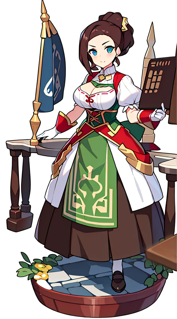 solo woman, (((blurry background, white background))), character focus, standing, full body, clerk, salesperson, Earth Tones Color outfit, dirndl,
