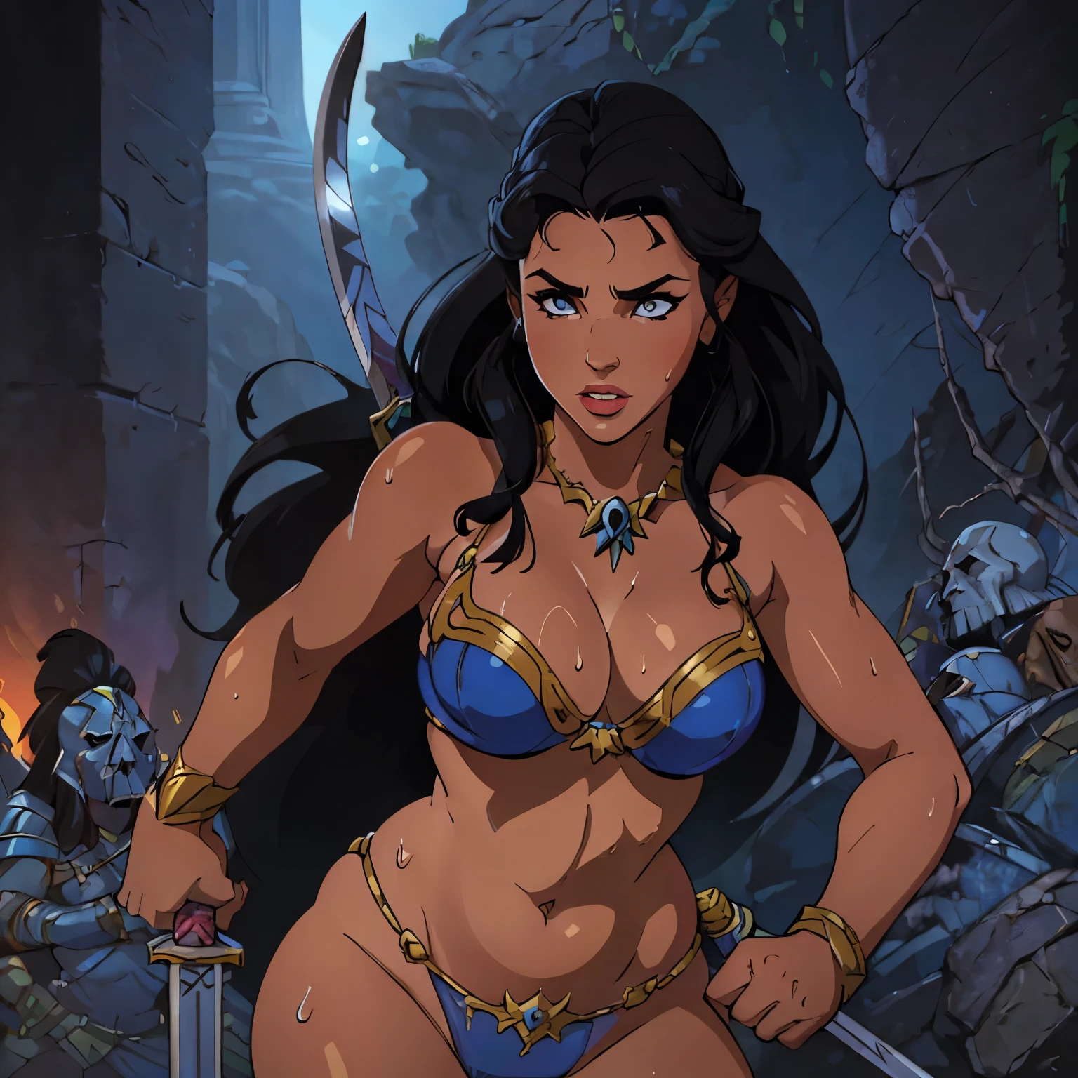 (best quality,highres:1.2),ultra-detailed,realistic,high fantasy,sexy woman,chainmail bikini,beautiful detailed eyes,beautiful detailed lips,extremely detailed eyes and face,long eyelashes,soft lighting,holding her sword ready to fight,skulls for armor,fighting pose,large breasts,swordswoman,glistening with sweat