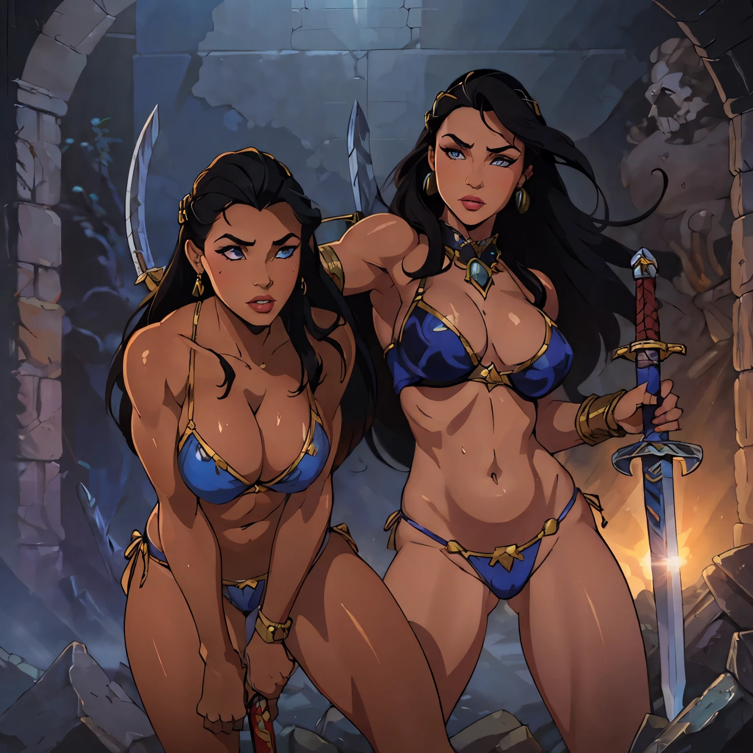 (best quality,highres:1.2),ultra-detailed,realistic,high fantasy,sexy woman,chainmail bikini,beautiful detailed eyes,beautiful detailed lips,extremely detailed eyes and face,long eyelashes,soft lighting,holding her sword ready to fight,skulls for armor,fighting pose,large breasts,swordswoman,glistening with sweat