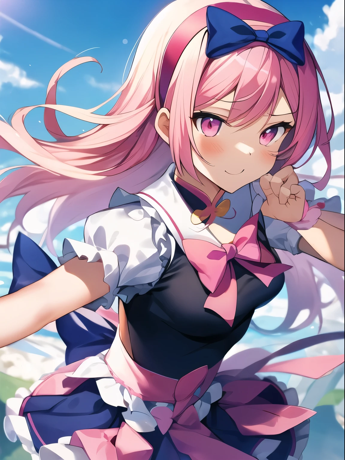 ((最好的质量)), ((杰作)), (detailed),magical girl,(cute),pink hair,pink eyes,pink hairband,bow,fighting,(1girl)