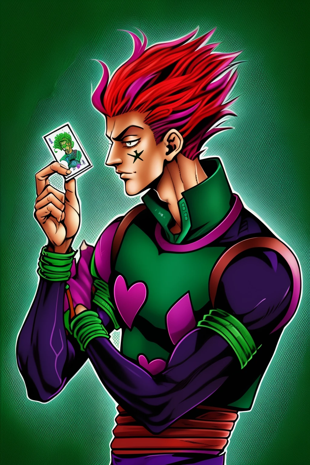 a drawing of a man holding a card in his hand, portrait of hisoka hunter hunter, hisoka, hisoka from hunter × hunter, kentaro miura manga art style, kentaro miura manga style, joseph joestar, handsome guy in demon slayer art, joe biden as a jojo character, manga style of kentaro miura, colorful illustration, colorful, blue highlights, green highlights, purple highlights, bold black stokes, black lines stroke drawing. red hair,