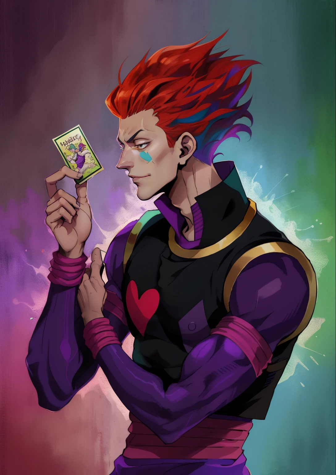 a drawing of a man holding a card in his hand, portrait of hisoka hunter hunter, hisoka, hisoka from hunter × hunter, kentaro miura manga art style, kentaro miura manga style, joseph joestar, handsome guy in demon slayer art, joe biden as a jojo character, manga style of kentaro miura, colorful illustration, colorful, blue highlights, green highlights, purple highlights, bold black stokes, black lines stroke drawing. red hair,