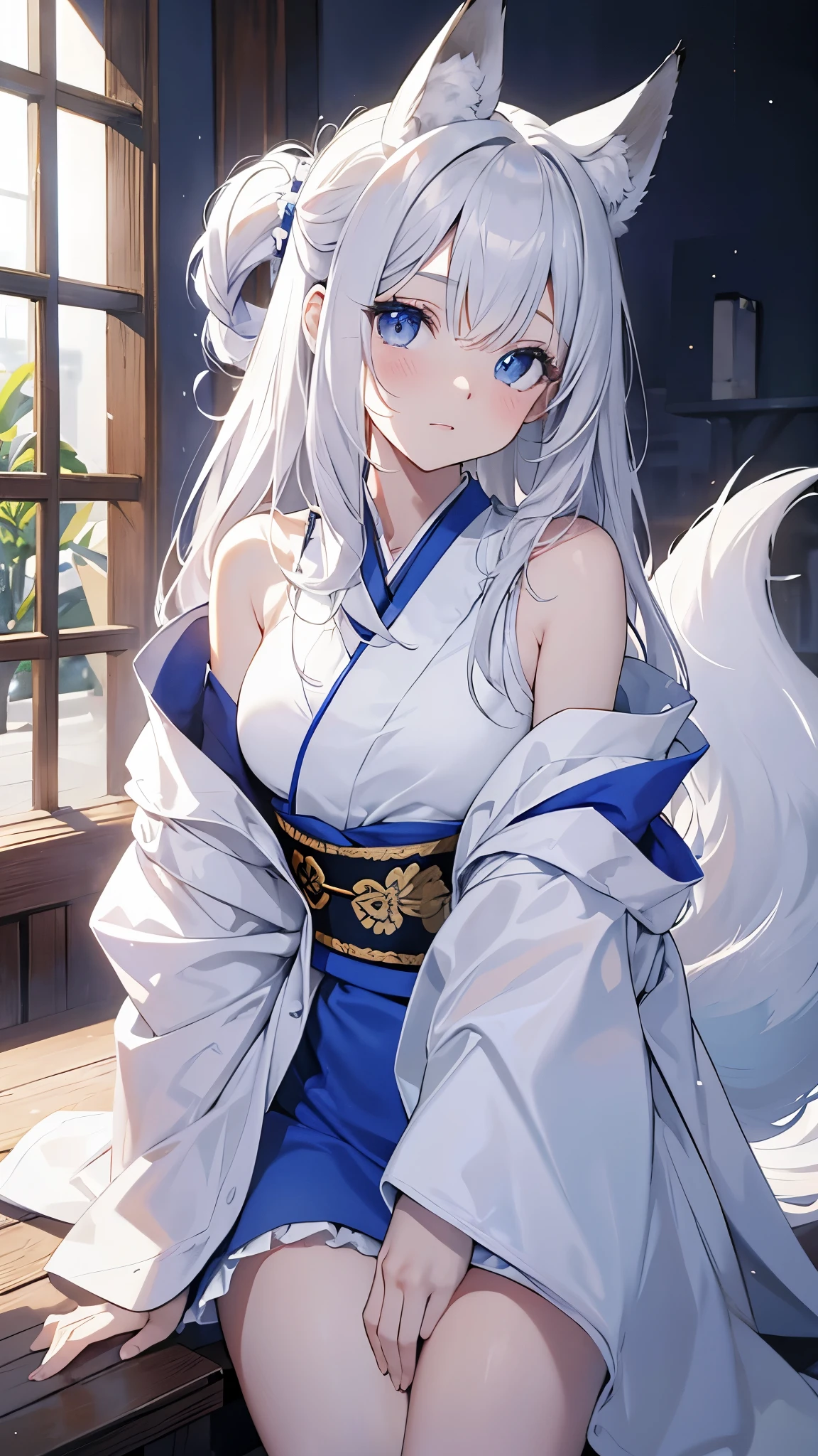 Ella tiene el cabello albino y los ojos azules y una piel de porcelana acentuada con tonos rosados, He has fox ears and a tail characteristic of his ability, both of the same grayish white tone as her hair. Suele vestir un tipo de kimono llamado 'Miko' con apertura alos lados dandole movilidad de color azul con blanco, y unos geta de manera. Cuerpo completo y no mucho pecho