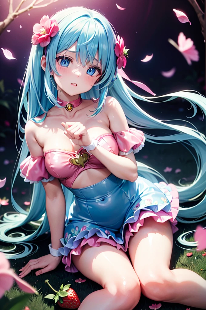 (multicoloured latex magical girl in the pink forest)、sexy pose、very long twintails、light Blue hair、(Golden decoration)、((strawberry))、((floral decoration))、Blue eyes、Sit up、((floating flower petals、Glitter、Bokeh))