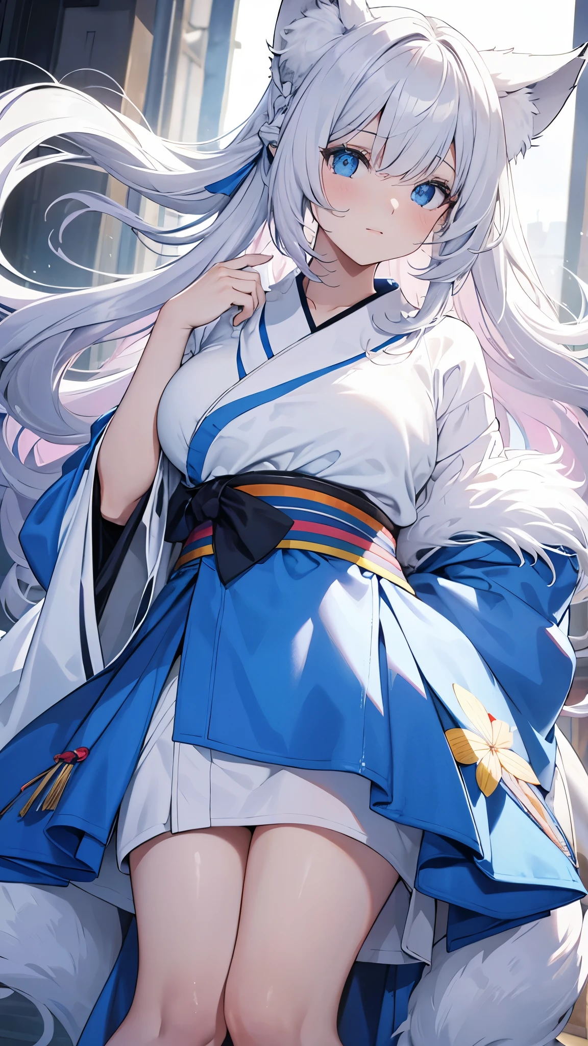 Ella tiene el cabello albino y los ojos azules y una piel de porcelana acentuada con tonos rosados, He has fox ears and a tail characteristic of his ability, both of the same grayish white tone as her hair. Suele vestir un tipo de kimono llamado 'Miko' con apertura alos lados dandole movilidad de color azul con blanco, y unos geta de manera. Cuerpo completo y no mucho pecho