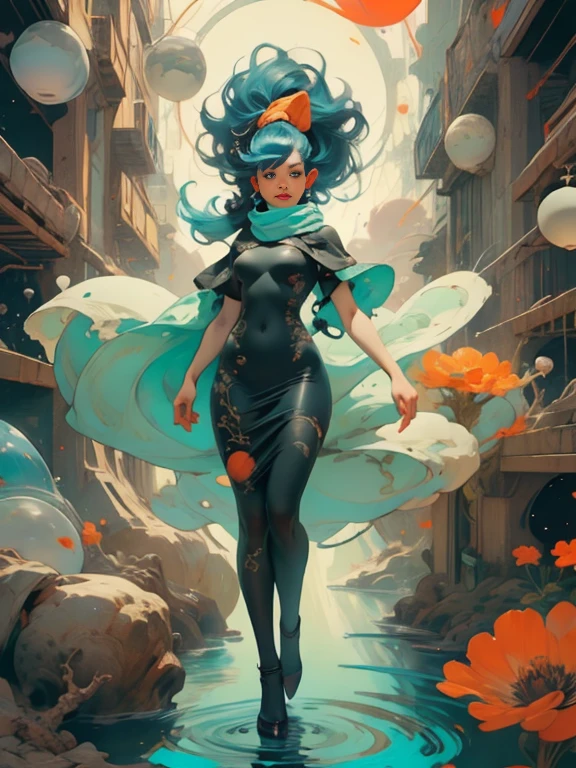 woman floating in the air, 1950's space suit, 1950's pulp movie space helmet, (multi-color hair), limp body, asleep, vibrant opalescent lighting, flecks in the air, dynamic lighting, warm color pallet, knit, brocade, gold carp, strange black fish, poppies, swirling air movement, wide angle, full body view, entire body in frame, loose fabric, geometric shapes, small breasts, sherbet, persimmon, up-do hair, huge thick intricately woven scarf, puffy scarf, background is dark with colored semi-translucent liquid orbs that have a warm internal glow, thick floor length