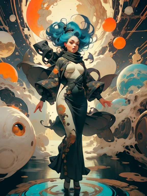 woman floating in the air, 1950's space suit, 1950's pulp movie space helmet, (multi-color hair), limp body, asleep, vibrant opalescent lighting, flecks in the air, dynamic lighting, warm color pallet, knit, brocade, gold carp, strange black fish, poppies, swirling air movement, wide angle, full body view, entire body in frame, loose fabric, geometric shapes, small ???????, sherbet, persimmon, up-do hair, huge thick intricately woven scarf, puffy scarf, background is dark with colored semi-translucent liquid orbs that have a warm internal glow, thick floor length