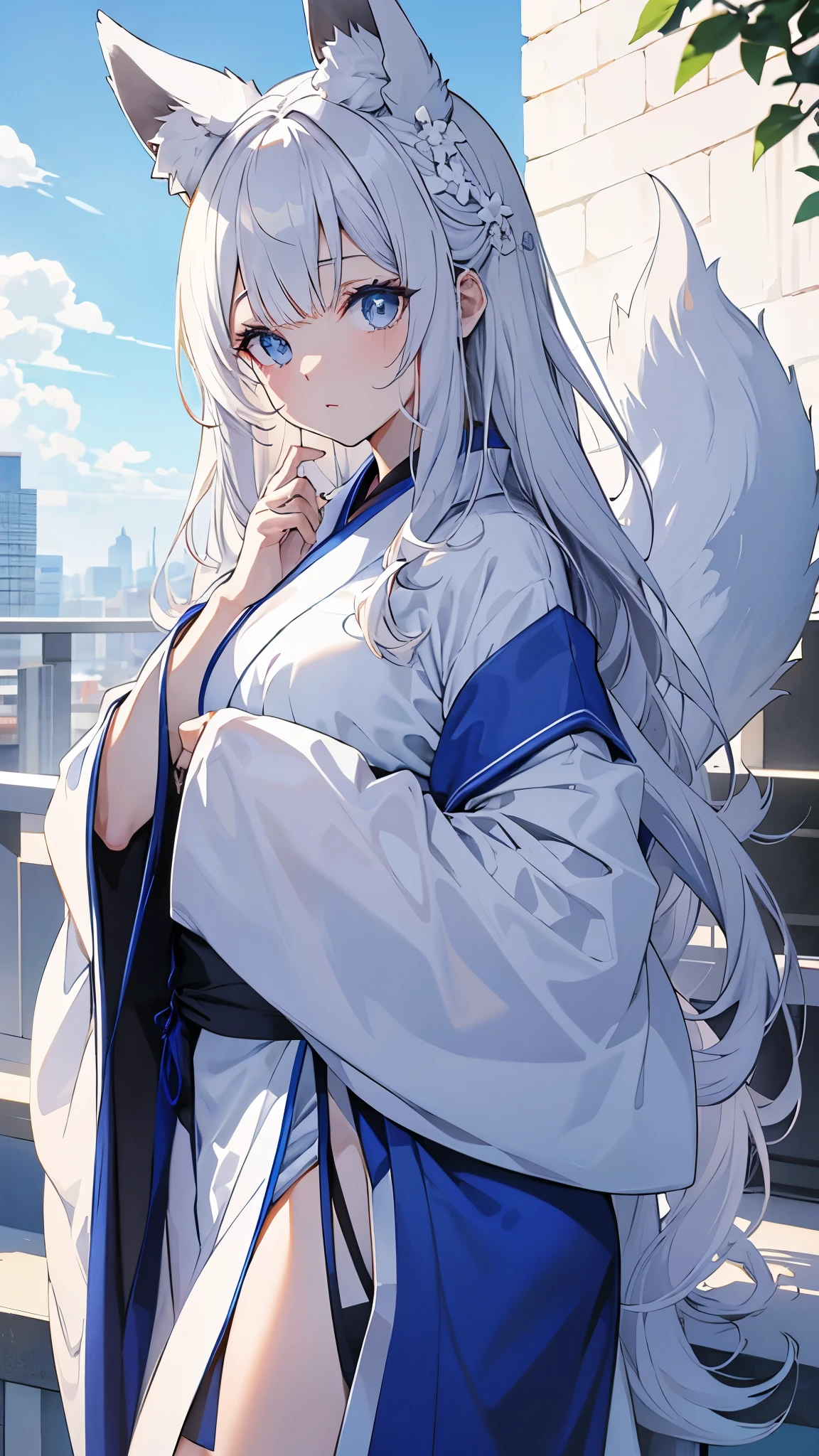 Ella tiene el cabello albino y los ojos azules y una piel de porcelana acentuada con tonos rosados, He has fox ears and a tail characteristic of his ability, both of the same grayish white tone as her hair. Suele vestir un tipo de kimono llamado 'Miko' con apertura alos lados dandole movilidad de color azul con blanco, y unos geta de manera. Cuerpo completo y no mucho pecho