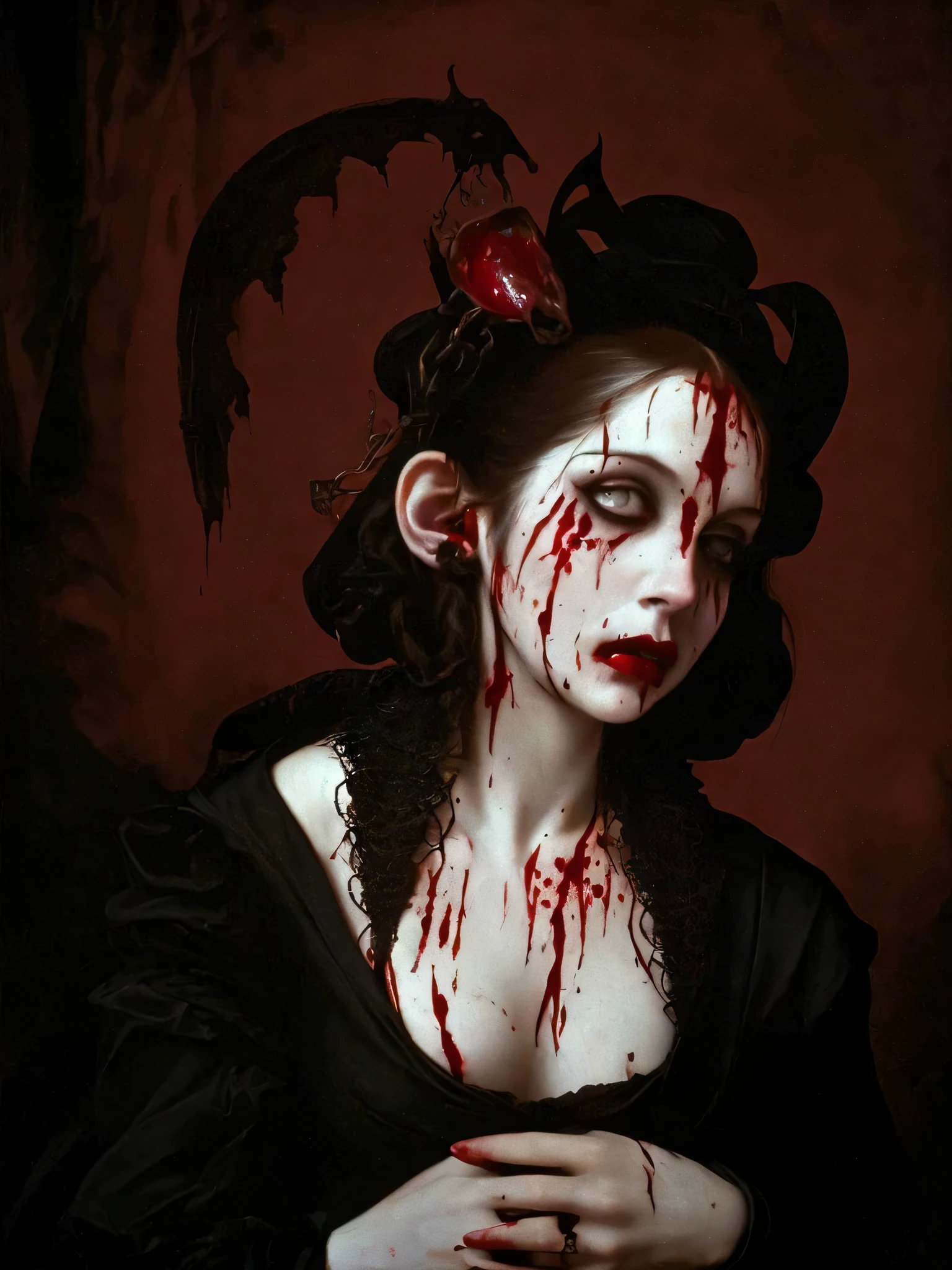 gothic lady with blood on her face in the middle of demons and little mice. imagen realista como caravaggio.