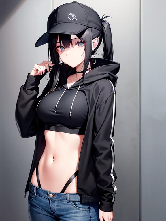 she has a fair complex fair skin and, wearing a black cap plain and she has long a black hair, she wearing black earrings through her ears, as her eyes gray, as she wearing a black hoodie and underneath she wearing a sport bra, and she wears gray jeans