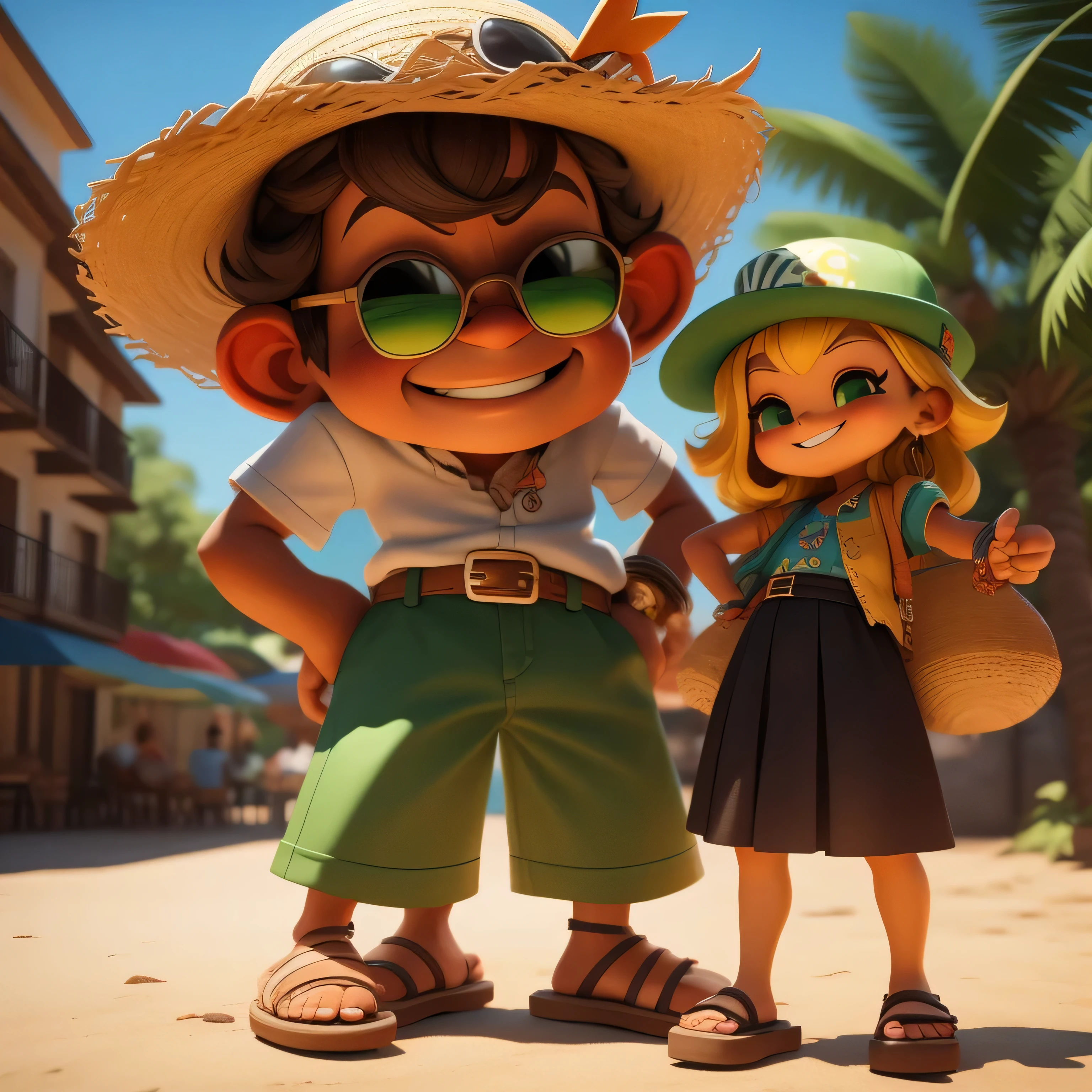 velho tipicamente brasileiro, 70 anos, morena escuro, straw hat, sunglasses, camisa listradas, cores verdes, dress pants and leather espadrilles standing smiling, cartoon, 3D, 4K.