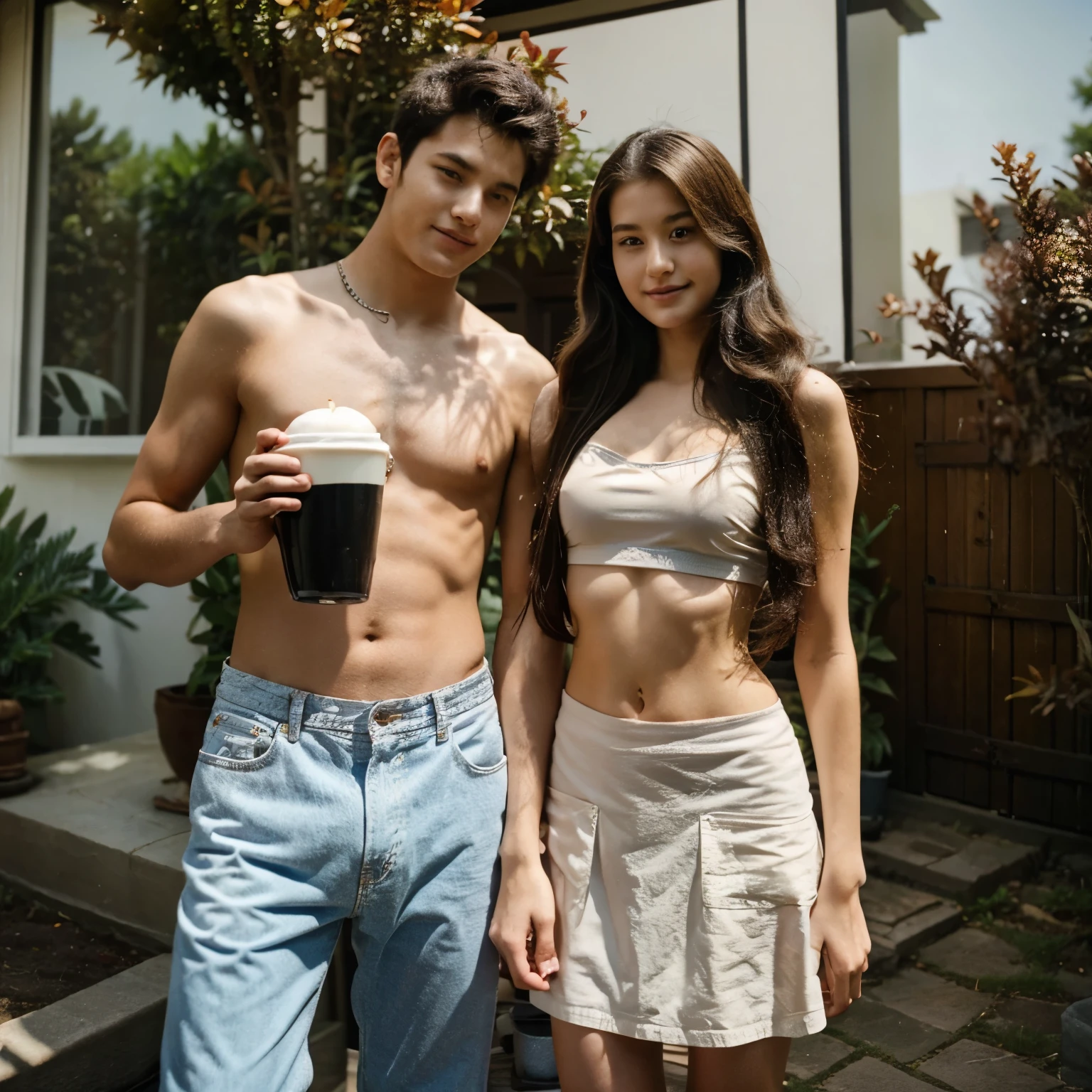 A 19 years old girl holding a cup of coffee at a house with a boy whos  . The girl is naked and boobs are bigger