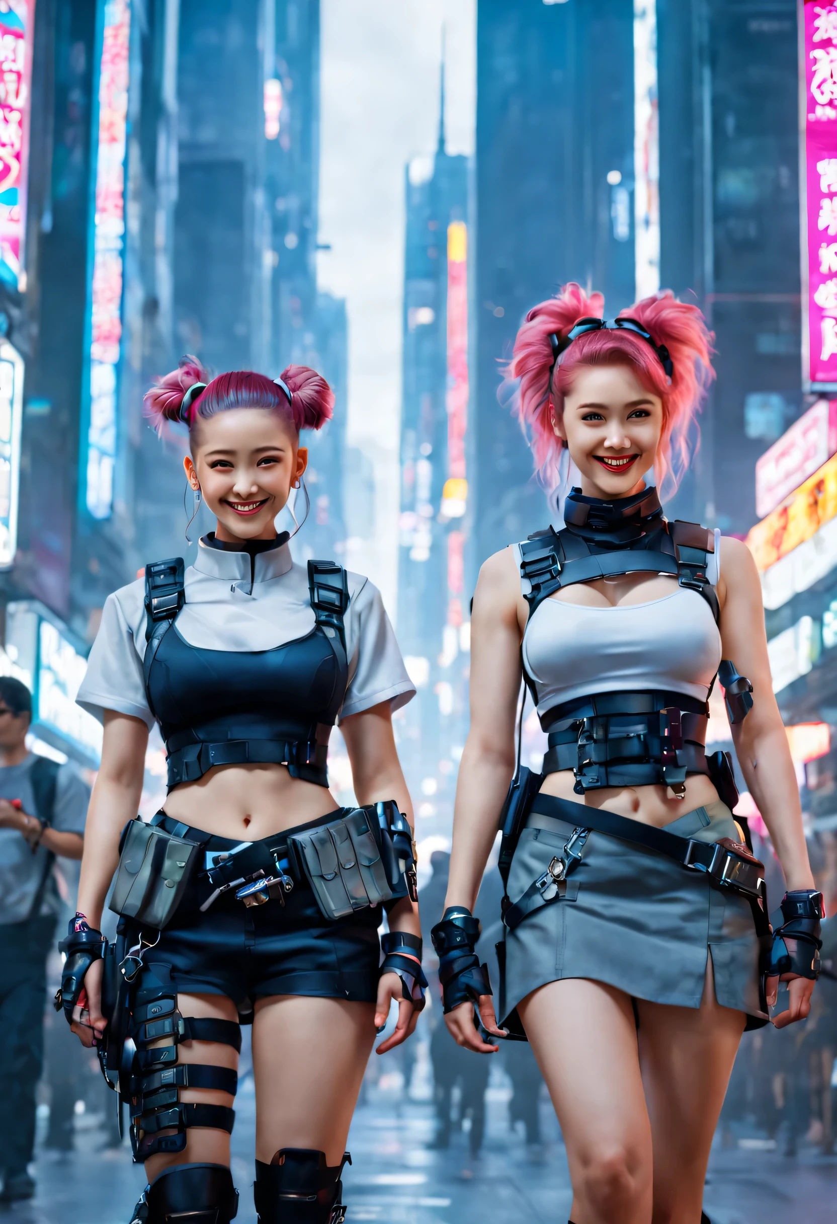 masterpiece, best quality, ((smiling)) cyberpunk girls standing, having grey and grey uniform and black long skirt, Harajuku-inspired cyberpunk body harness, bold colors and patterns, eye-catching accessories, trendy and innovative hairstyle with baroque influence, dazzling Cyberpunk cityscape, skyscrapers, glowing neon signs, LED lights, anime illustration, detailed skin texture, detailed cloth texture, beautiful detailed face, intricate details, ultra detailed, cinematic lighting, strong contrast.