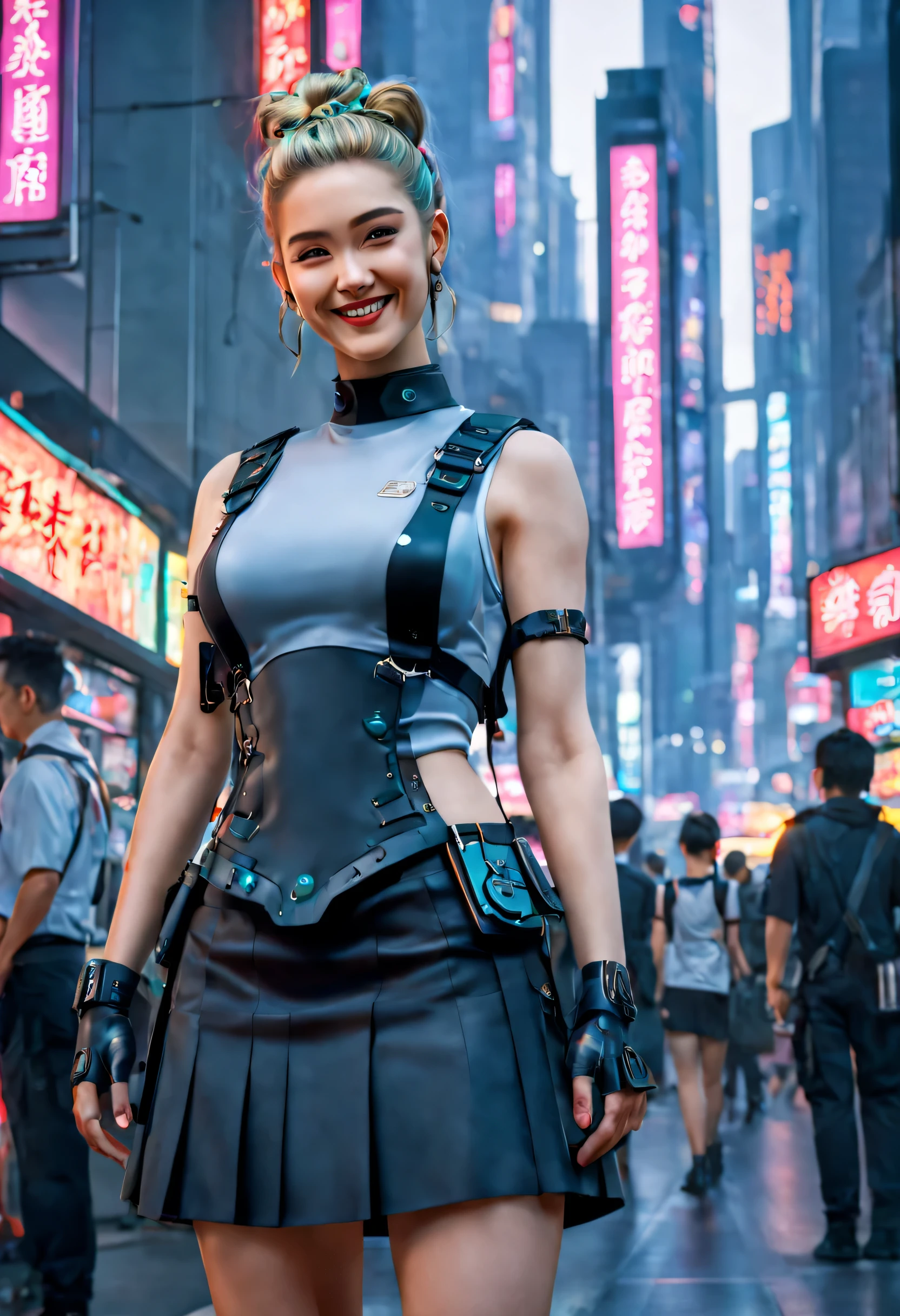 masterpiece, best quality, ((smiling)) cyberpunk girls standing, having grey and grey uniform and black long skirt, Harajuku-inspired cyberpunk body harness, bold colors and patterns, eye-catching accessories, trendy and innovative hairstyle with baroque influence, dazzling Cyberpunk cityscape, skyscrapers, glowing neon signs, LED lights, anime illustration, detailed skin texture, detailed cloth texture, beautiful detailed face, intricate details, ultra detailed, cinematic lighting, strong contrast.