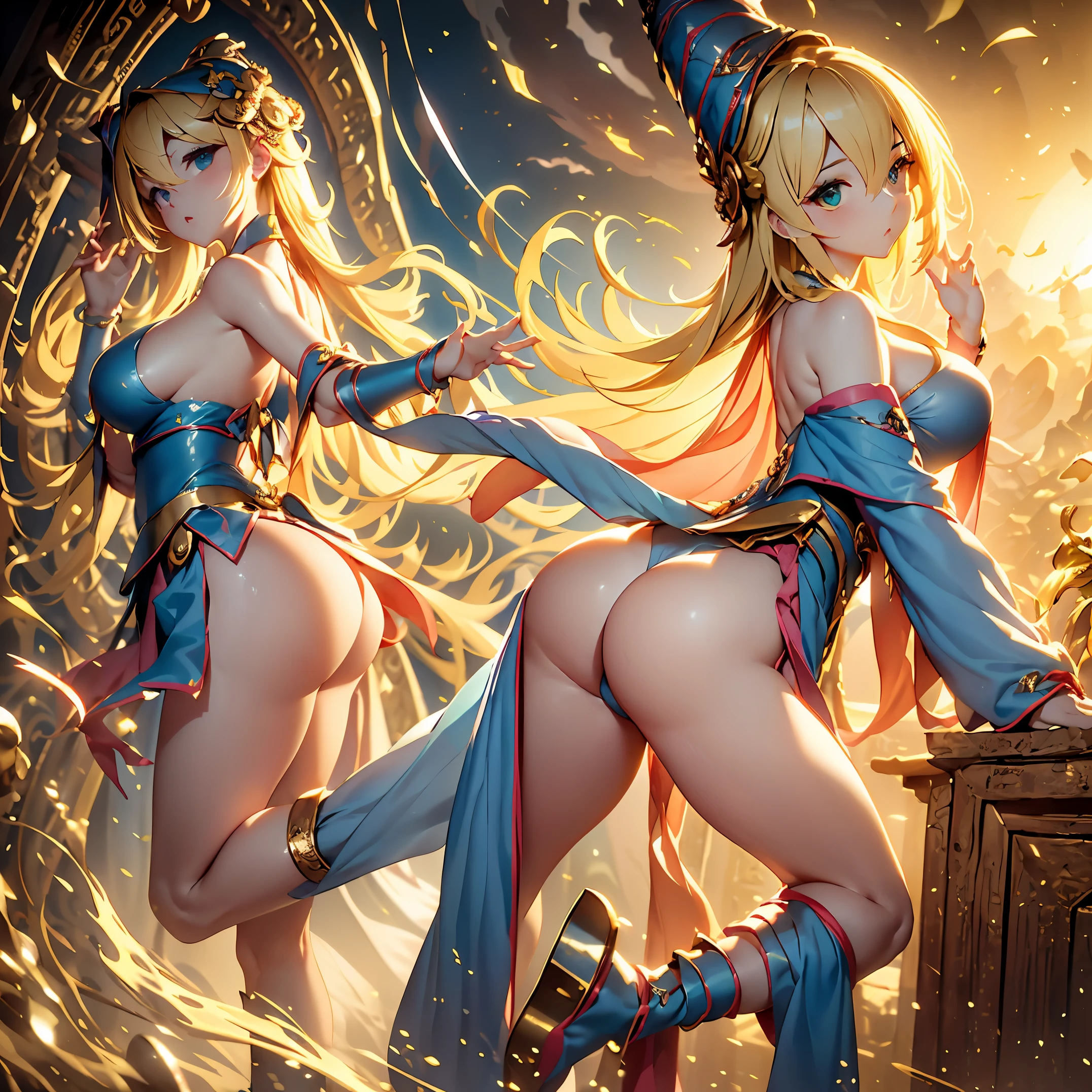 (Obra maestra、the highest quality、Detalles intrincados、El ultra-detallado、Ultra calidad、high resolution、Las mejores sombras、la mejor iluminacion、4k) Once palabras clave: El cabello es dorado Beautiful blonde Longevity and immortality Beautiful figure Outstanding skills Harmony with nature Noble culture Ancient races Fantasy works Role-playing games Beauty and elegance Dark wizard girl Magical talent Hembras una chica de belleza mystic Criaturas ficticias Vestidos transparentes antiguos The buttocks are seen through a cuatro patas Emphasis on the buttocks Sit with a beautiful back looking back. Dark magician girl en un paisaje chino
