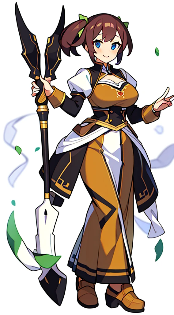 solo woman, (((blurry background, white background))), character focus, standing, full body, clerk, salesperson, Earth Tones Color outfit, dirndl,