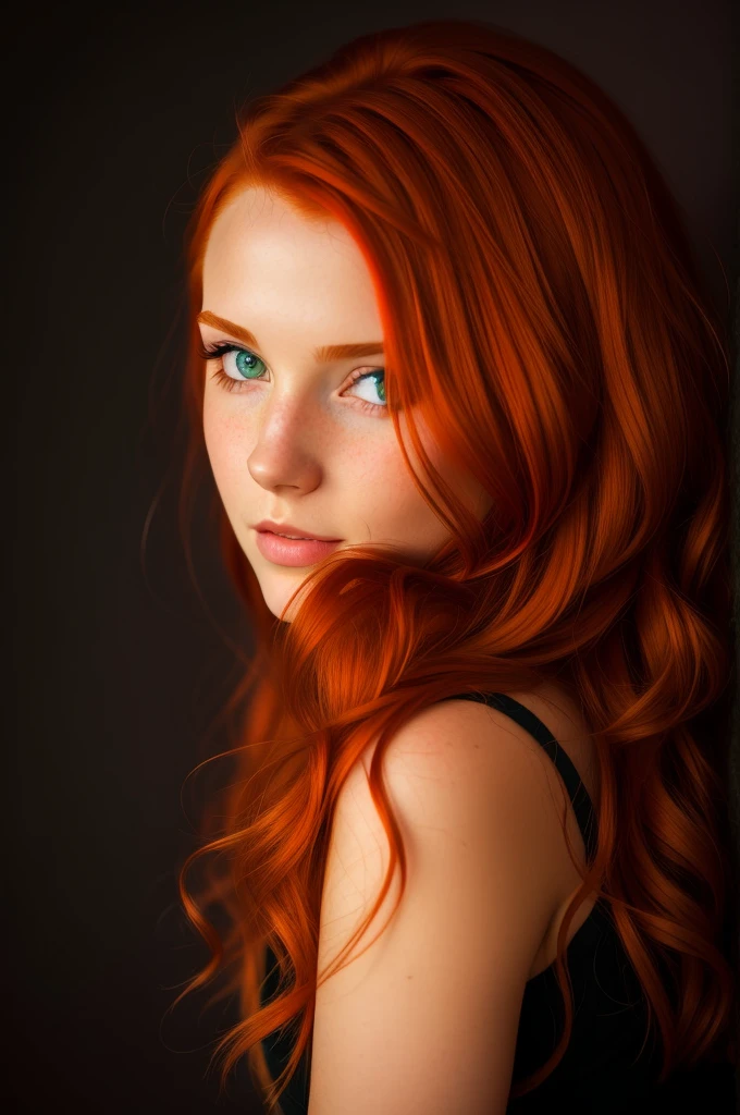 Da ist eine Frau mit roten Haaren und einer Jeans, with red hair and green eyes, red-haired girl, cute young red-haired girl, red-haired girl, roter Kopf, portrait of a red-haired girl, mit lockigen roten Haaren, beautiful young model, beautiful portrait lighting, sie ist rothaarig, Girl with red hair, eine rothaarige junge Frau, flowing reddish-brown hair, red-haired goddess, drinking an coffee, in the mountains
