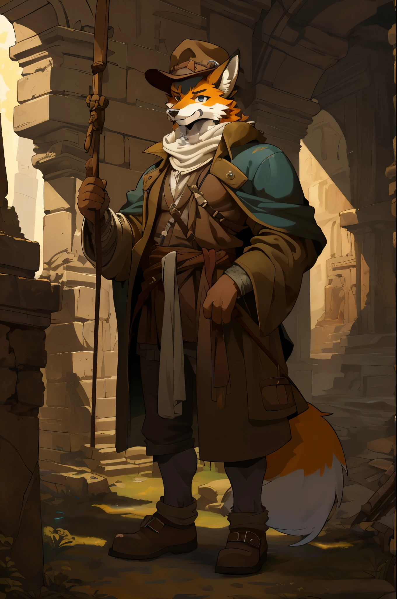 cover page, highres, top quality, best quality, paid reward available, unparalleled masterpiece, perfect artwork, absurdres, High-quality illustrations by Michelangelo, by Johannes Vermeer, masterpiece, super high resolution, detailed background, Old Ruins, Dungeons, Indiana Jones series(highly detailed beautiful face and eyes)absurdres, perfect anatomy(handsome 1boy, kemono, solo focus, Adventurer, Archaeologist)(furry)(furry anthro:1.7)(Furry body, fox facial features, fox body features)(very detailed body fur)full body, Dirty Coat and Hat,