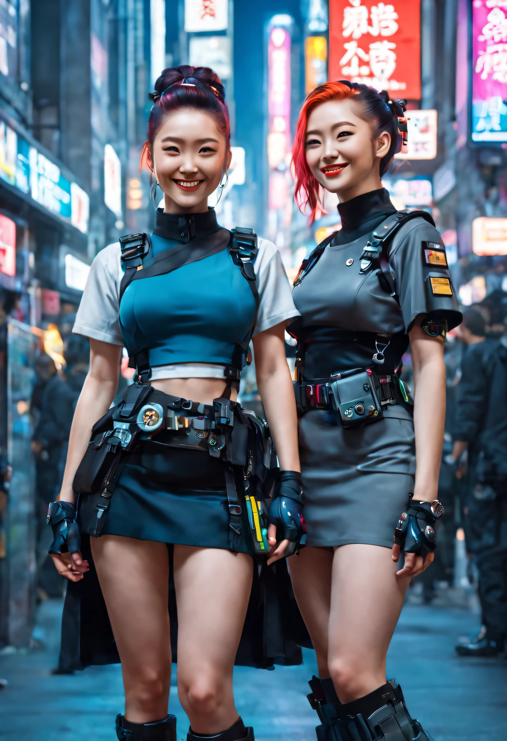 masterpiece, best quality, ((smiling)) cyberpunk girls standing, having grey and grey uniform and black long skirt, Harajuku-inspired cyberpunk body harness, bold colors and patterns, eye-catching accessories, trendy and innovative hairstyle with baroque influence, dazzling Cyberpunk cityscape, skyscrapers, glowing neon signs, LED lights, anime illustration, detailed skin texture, detailed cloth texture, beautiful detailed face, intricate details, ultra detailed, cinematic lighting, strong contrast.