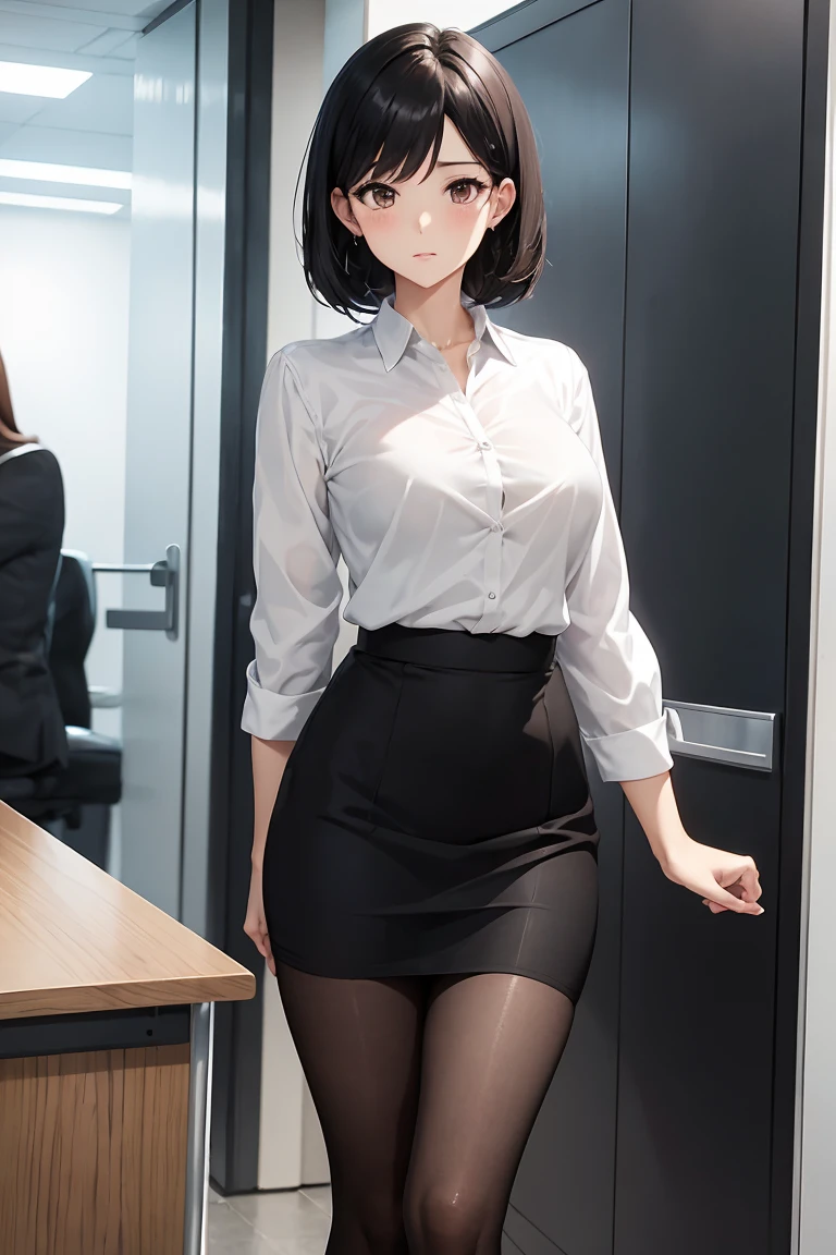 Anime style, 1 female, 25 years old office lady, short black hair, brown eyes,white shirt, black skirt, black pantyhose, black heels, standing in front of the office, whole body