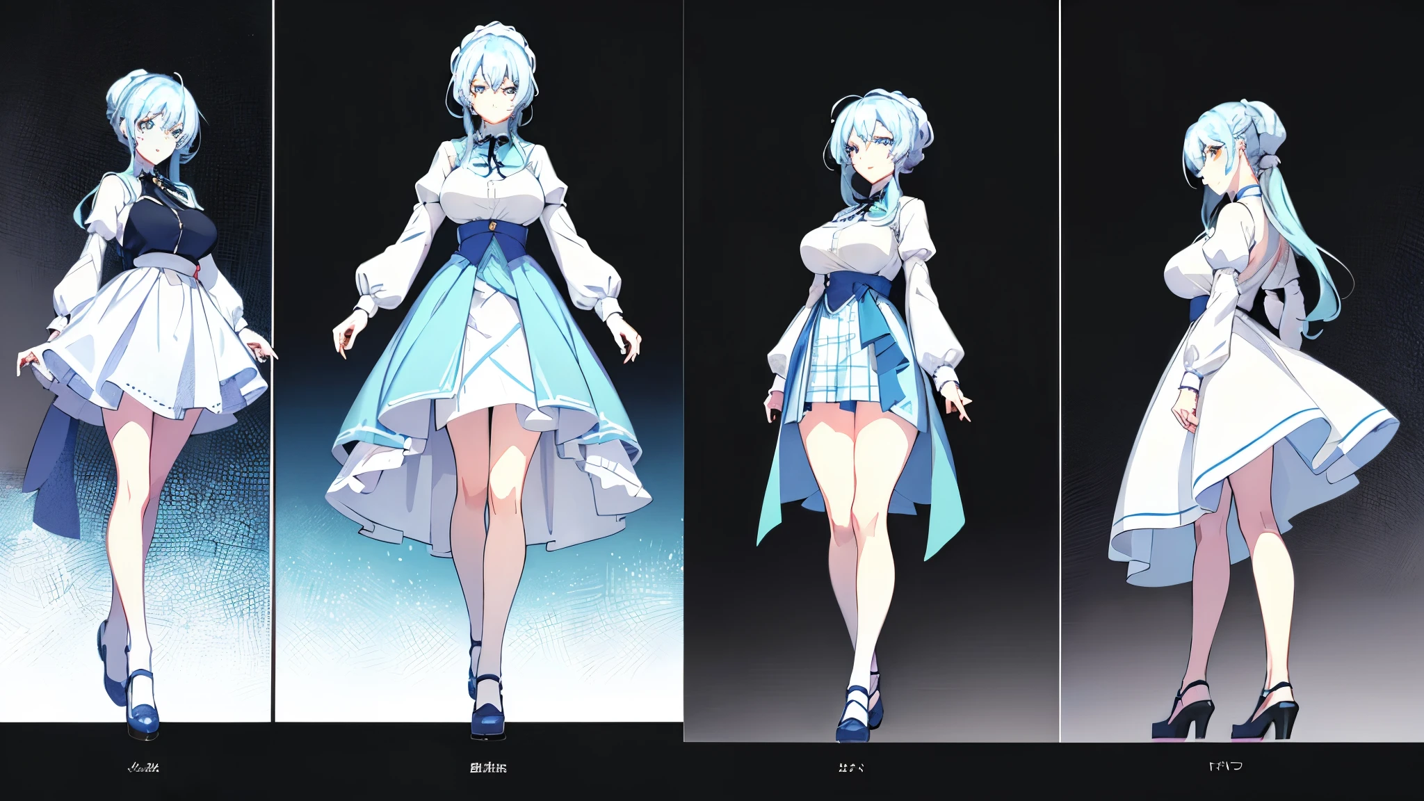 (Two-dimensional art style),full-body view,full-shot,up front view,posterior view,girl,Character design,character design,Three views of peopl,Blue and white plaid skirt dress,ice blue hair,With simple braids,Cute cheerful,The smile is bright,Blue eyes,Intense highlights,clear silhouette,True human proportions,Sharp shadows,8K,high high quality,Plain white background,(cellshading), Giant breast,