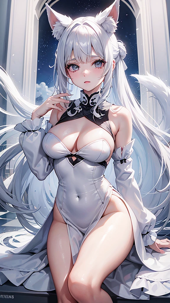 Ella tiene el cabello albino y los ojos azules y una piel de porcelana acentuada con tonos rosados, He has fox ears and a tail characteristic of his ability, both of the same grayish white tone as her hair. Suele vestir un cheongsam con apertura alos lados dandole movilidad de color azul con blanco, y unos geta de manera. Cuerpo completo y no mucho pecho