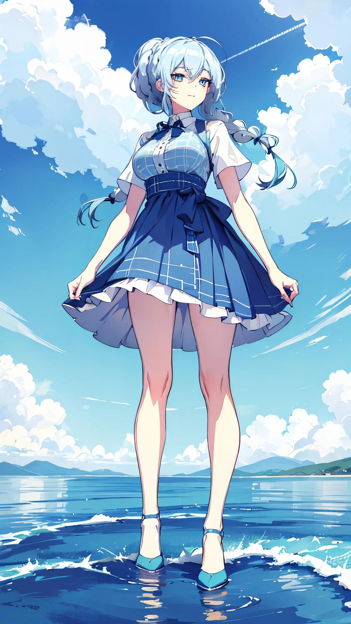 （Two-dimensional art style），full-body view，full-shot，up front view，posterior view，girl，Character design，character  design，Three views of peopl，Blue and white plaid skirt dress，ice blue hair，With simple braids，Cute cheerful，The smile is bright，Blue eyes，Intense highlights，clear silhouette，True human proportions，Sharp shadows，8K，high high quality，Plain white background，（cellshading）, Giant breast, 