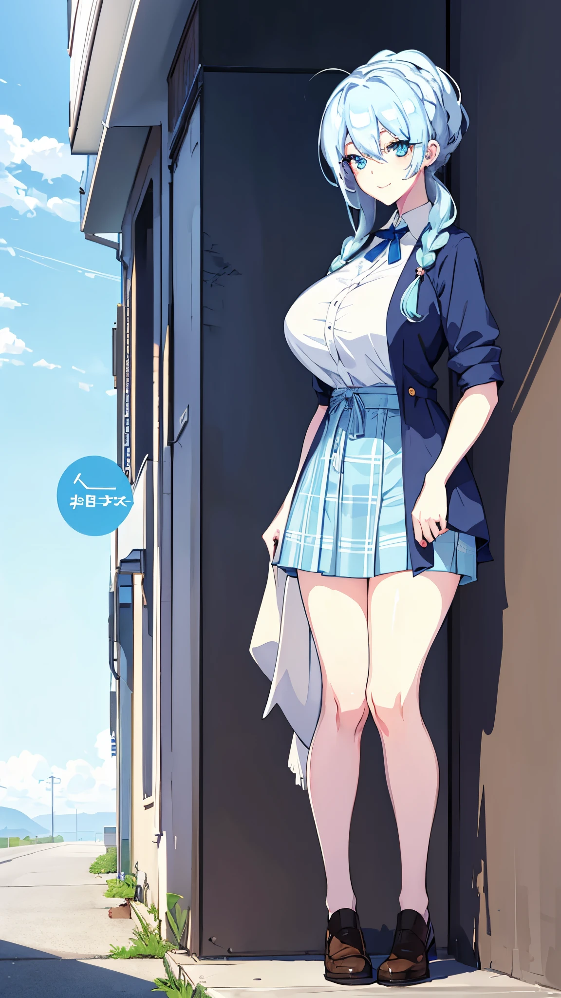 （Two-dimensional art style），full-body view，full-shot，up front view，posterior view，girl，Character design，character  design，Three views of peopl，Blue and white plaid skirt dress，ice blue hair，With simple braids，Cute cheerful，The smile is bright，Blue eyes，Intense highlights，clear silhouette，True human proportions，Sharp shadows，8K，high high quality，Plain white background，（cellshading）, Giant breast, 