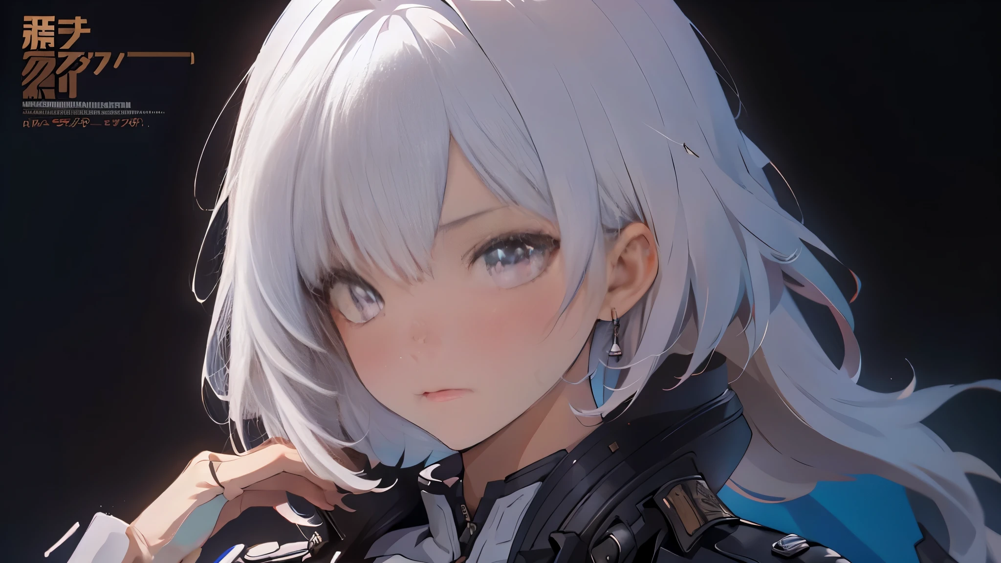 1 Girl, Solo , Alone, A Single Person, Face Close Up, Big Chest, Violet Eyes, , Hair accessories, White Bob Hair, Short Hair, Silver Hair, Bang, hair between eyes, military uniform, black dress, cape, White gloves, pantyhose, high heel boots, Explosion, Salute Pose, Standing, In the Sky, Blue Sky, High detail mature face, combat suit, high res, ultra sharp, She stands confidently in the center of the poster, Shooting pose，explosion effect, a determined expression on her face。The background is dark and gritty，There is a sense of danger and a strong feeling。The text is bold and eye-catching，With catchy slogans，Adds to the overall drama and excitement。The color palette is dominated by dark colors，Dotted with bright colors，Make the poster dynamic and visually striking，(Magazines:1.3), (Cover-style:1.3), Fashion, vibrant, Outfit, posing on a, Front, rich colorful，Background with，element in，self-assured，Expressing the，halter，statement，Attachment，A majestic，coil，Runt，Touching pubic area，Scenes，text，Cover of a，boldness，attention-grabbing，titles，Fashion，typeface，，Best quality at best，Hyper-detailing，8K ，hyper HD