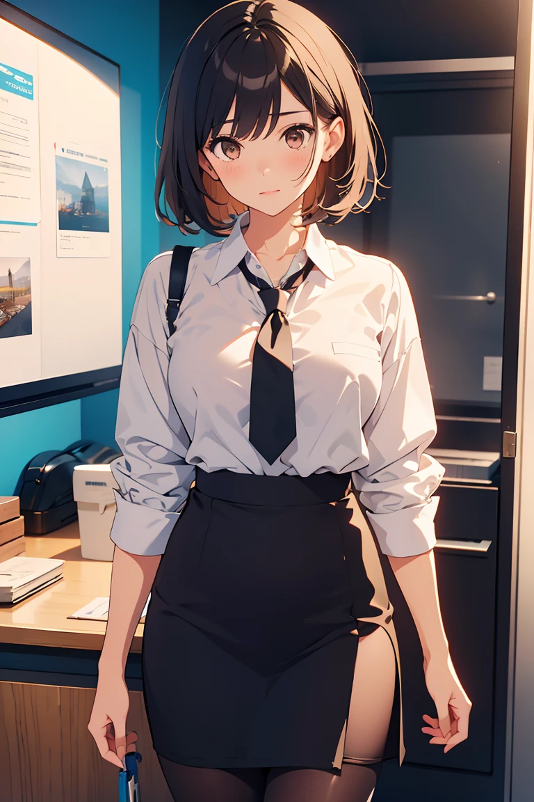 Anime style, 1 female, 25 years old office lady, short black hair, brown eyes,white shirt, black skirt, black pantyhose, black heels, standing in front of the office, whole body