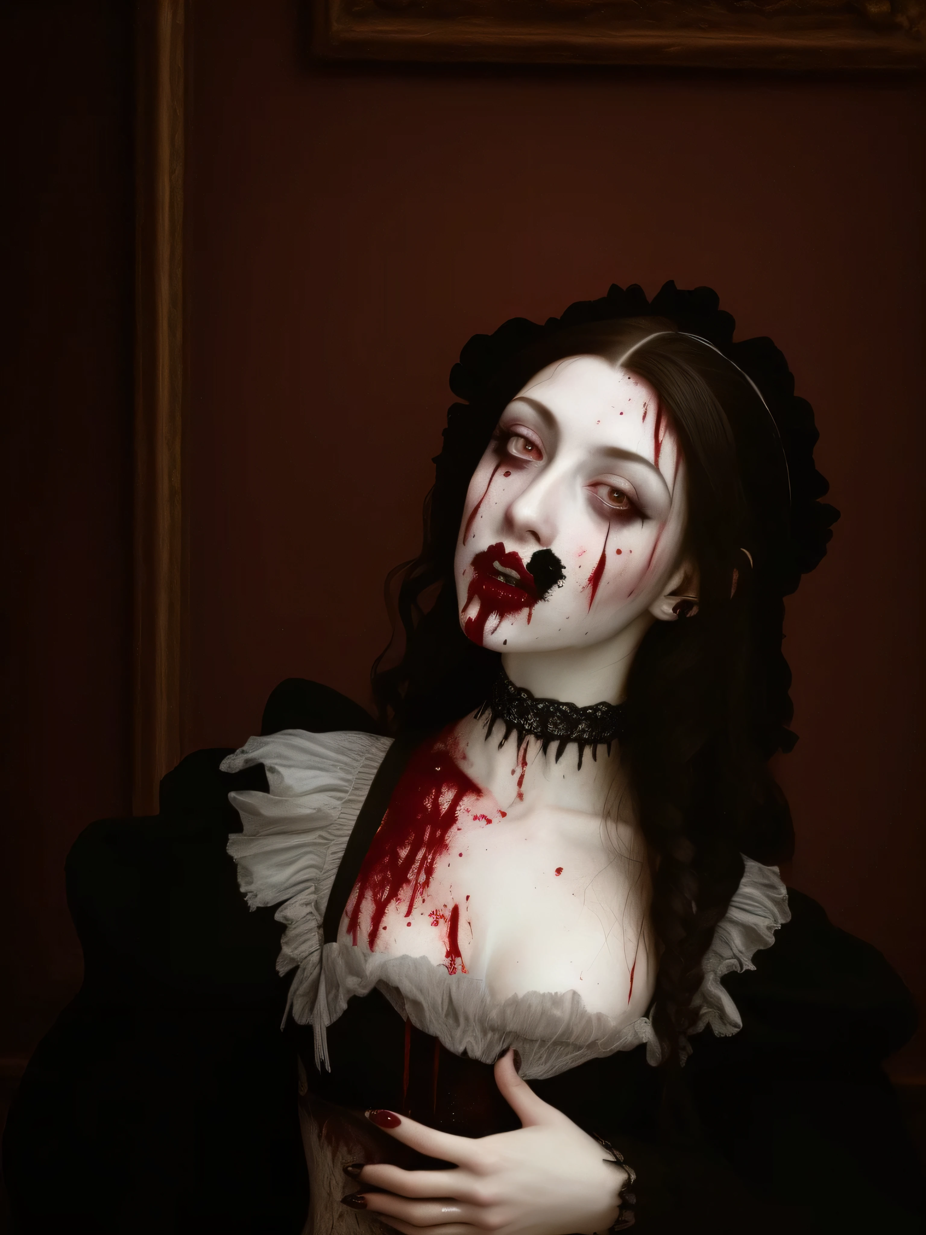 gothic lady with blood on her face. imagen realista como caravaggio.