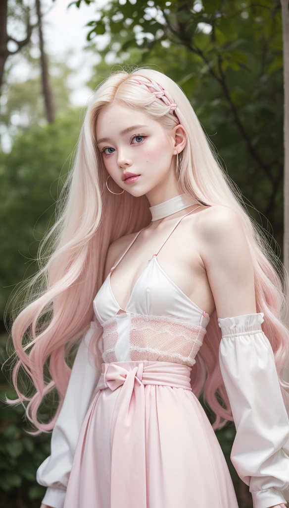 (8K, top quality, masterpiece:1.2), (realistic, Photorealistic:1.37), super detail, one girl, (very detailed), (beautiful and delicate eyes), (top quality의), (very detailed), (masterpiece), (detailed face), 20 years old, 1 girl, (pink hair, long hair), medium chest, nude, perfect lighting, break (pink long hair:1.6), (soft smile:1.4), (comfortable posture:1.3), (genuflection:1.2), (soft natural light:1.7), (Plain pastel pink background:1.5), (water drop:1.8), break, (modern, sophisticated style:1.2), (Gradation from light pink to white:1.5), (Silky soft texture:1.4), (slim fit bodysuit:1.5), (Delicate lace details:1.3), (simple strap heel:1.2), (minimalist silver pendant:1.2),(Detailed beautiful pussy exposed.., :1.4),spread legs, thighs