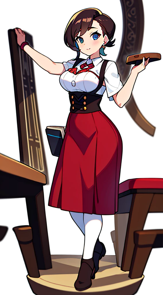 solo woman, (((blurry background, white background))), character focus, standing, full body, clerk, salesperson, Earth Tones Color outfit, dirndl, bustier, librarian,