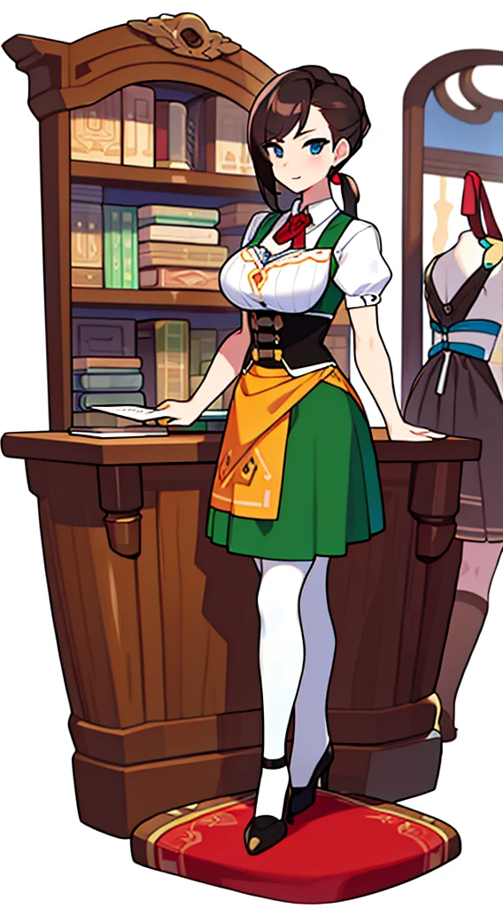 solo woman, (((blurry background, white background))), character focus, standing, full body, clerk, salesperson, Earth Tones Color outfit, dirndl, bustier,  librarian, 
