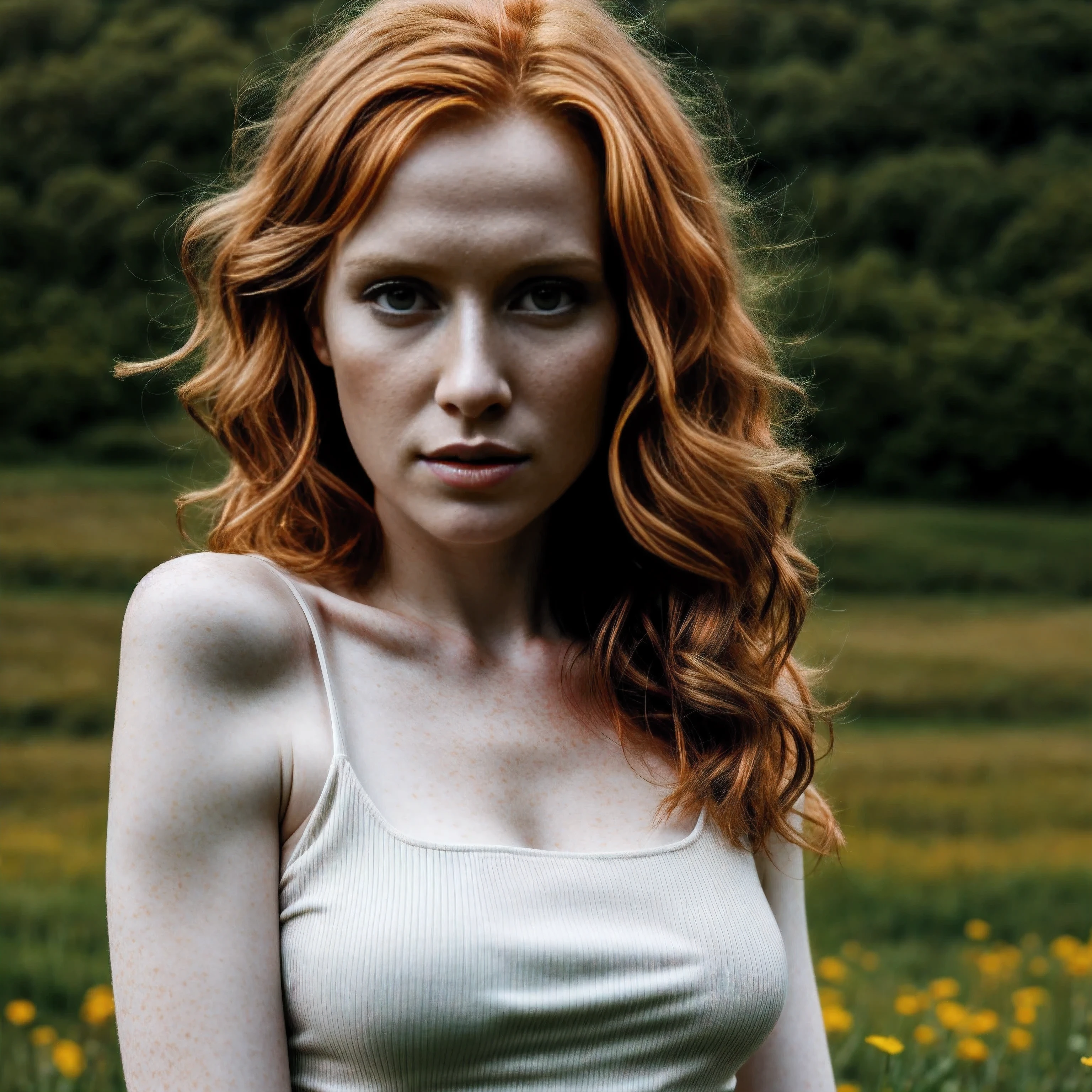 1woman in, age35, Solo, Aesthetic artwork, irish redhead, wavy ginger hair, shoulder length ginger hair, some small freckles, pale skin, small breasts, runners body, fullbody shot, imperfect skin, goosebumps, tartan dress, beautiful nature location, around flower location, (extremely detailed 8k wallpaper), soft lighting, high quality, film grain, Fujifilm XT3 sharp focus, f 5.6, 50mm, High Detail, Sharp focus,(natural light), (seductive), Realistic, ultra realistic, photo realistic, crazy details, complex details, hyper detailed,