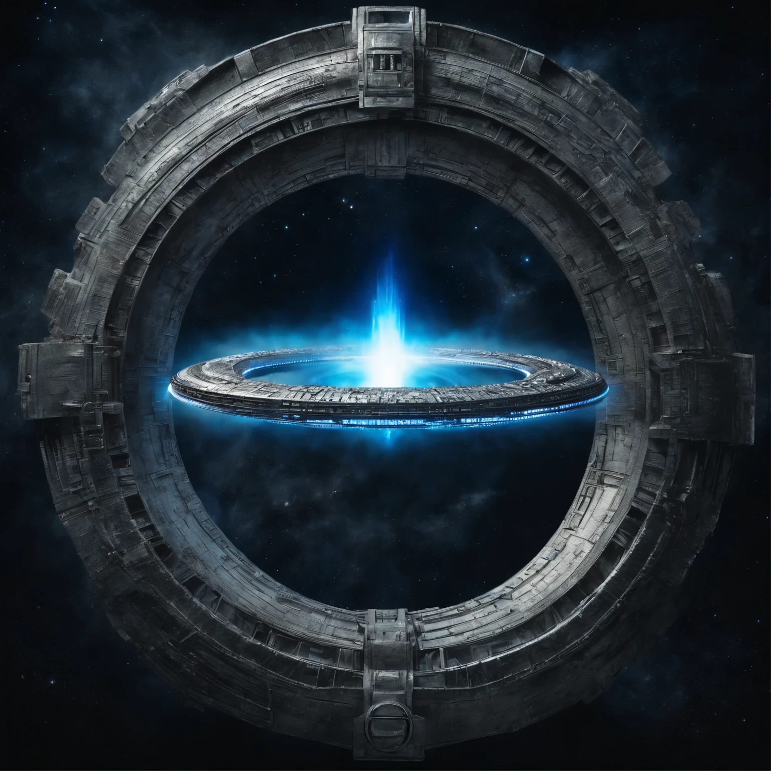 (((deep space))), super detailed image of the giant stargate ring ((in the deep space):1.5), ((the entire space inside this stargate is filled with streams of blue plasma flowing from the ring to the center of the space inside this ring):1.4), ((a flying saucer opposite this stargate is preparing to pass through it):1.3), Milky Way, space, stars, (Best Quality, 16K, Masterpiece, UHD, Ultra quality cinematic lighting, Huge detail, Well lit, sharp, hyper realistic, epic scale, insane level of details)