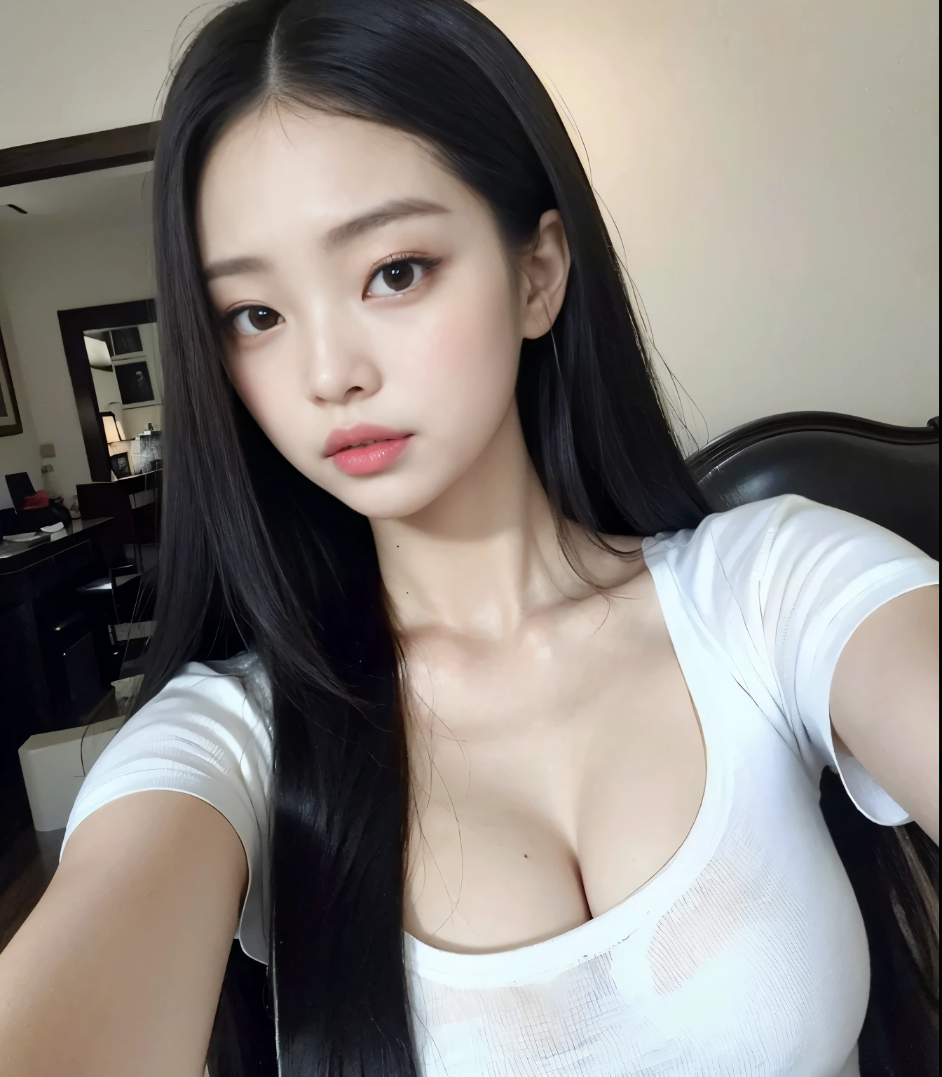 a Korean girl with very long straight hair is wearing a tight t-shirt, small waist, very long black hair, full lips, cute makeup, white t-shirts, beautiful woman, Jennie Kim, has cleavage, big bust, selfie, low light, High definition, Realistic, high definition, high quality, Kim Jennie, selfie, selfie of her face