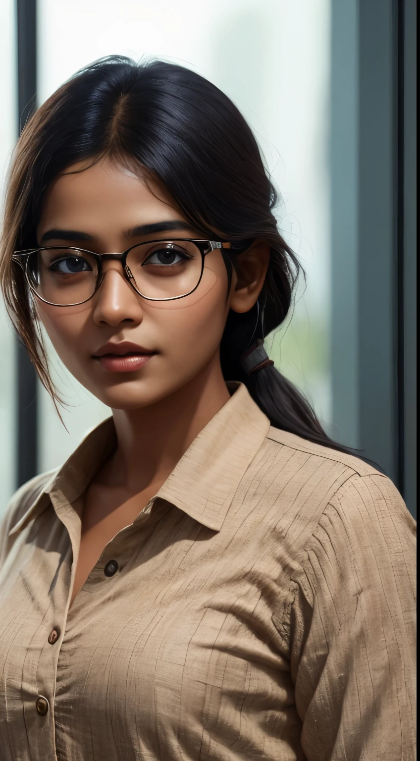 young bangladeshi girl, 18-year-old, office dress,with the glases,in a office, gentle lighting, intricate facial details, flawless complexion, top-notch 3D rendering, hyper-realistic, shot on Indian road. photorealistic digital art trending on Artstation 8k HD high definition detailed realistic, detailed, skin texture, hyper detailed, realistic skin texture, armature, best quality, ultra high res, (photorealistic:1.4),, high resolution, detailed, raw photo, 400 camera f1.6 lens rich colors hyper realistic lifelike texture dramatic lighting unrealengine trending on artstation cinestill 800