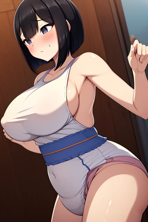 NSFW, wore a romper、black hair bob、Chubby、1 female、Junior high school student wearing an oversized diaper、breast milk, embarrassed expression、vapor、slightly smaller breasts