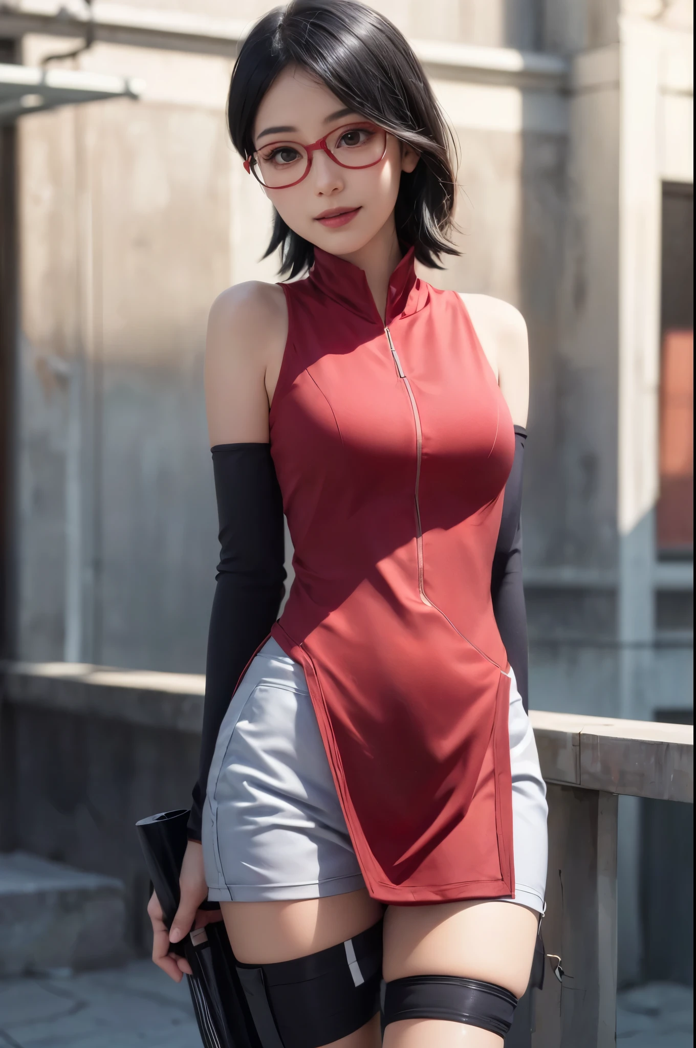 4K delicate facial features, 18 year old girl, Uchiha Sarada, anime character transformed into a realistic character, with detailed, beautiful and cute face, red filtered eyes, black hair, short hairstyle, bangs sweeping to the left, wearing a ninja head tie from konoha , expression
thin sweet smile, thin cheeks, sharp chin, red glasses, tentom shirt design, livis shorts, perfect model, large/medium breasts, free style, high resolution, detailed illustrations, very realistic background, white glowing skin, very detailed face perfect , photos short HDR/UHD ,the detail of the red glasses is perfect very detail ornament  ,, anime character transformed into a realistic character, with detailed, beautiful and cute face, red filtered eyes, black hair, short hairstyle, bangs sweeping to the left, wearing a ninja head tie from konoha , expression
thin sweet smile, thin cheeks, sharp chin, red glasses, tentom shirt design, livis shorts, perfect model, large/medium breasts, free style, high resolution, detailed illustrations, very realistic background, white glowing skin, very detailed face perfect , 1girl, sarada uchiha in anime boruto, short hair, black hair, red eyes, smile, beautiful, sexy dress, sexy clothes, red clothes, wear red glasses, very big breast, realistic clothes, detail clothes, outdoor background, ultra detail, realistic,
hairstyle with sharp front bangs to the left