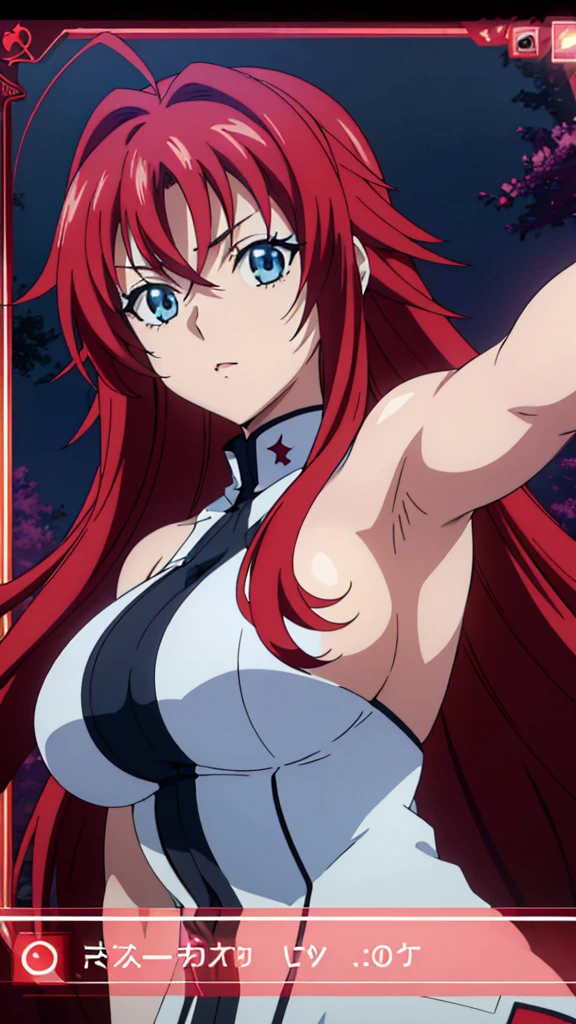 masterpiece, best quality, 1girl, long hair, looking at viewer, cute, large breasts, curvy, (((blue eyes))), rias gremory, red hair, antenna hair, wavy hair, ((beautiful detailed eyes, beautiful detailed glow, lots of glow)), anime screencap, black night outfit