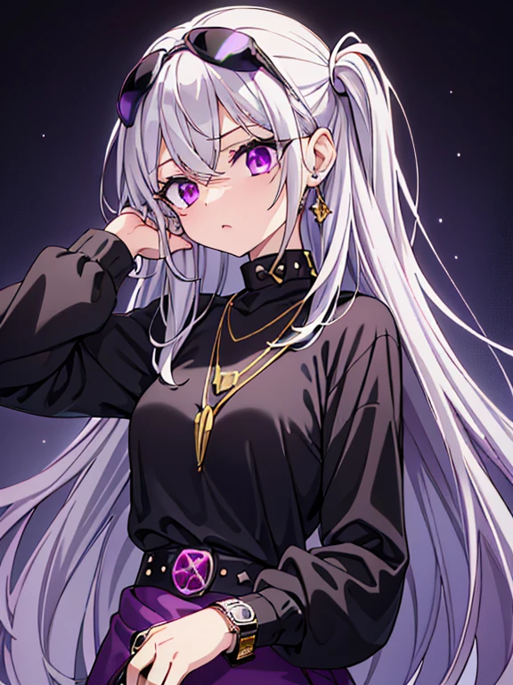 She has long a silver hair goes through her waist and there's a black aviator shade atop of her head her eyes Magenta as she wearing a black Loose O-neck sweat shirt on her neck there's gold necklace with purple jewelry, she wearing a gray skirt and there's a gold watch through her wrist and her there's a diamond ruby in her index finger