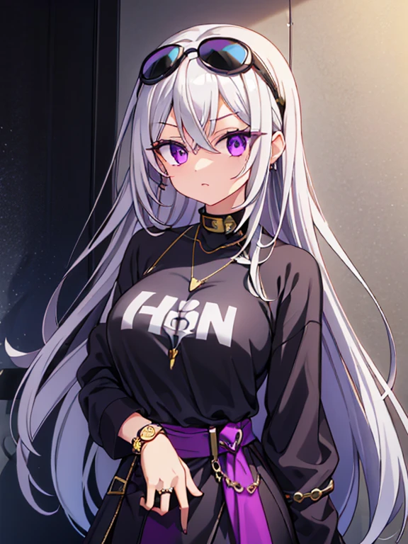She has long a silver hair goes through her waist and there's a black aviator shade atop of her head her eyes Magenta as she wearing a black Loose O-neck sweat shirt on her neck there's gold necklace with purple jewelry, she wearing a gray skirt and there's a gold watch through her wrist and her there's a diamond ruby in her index finger