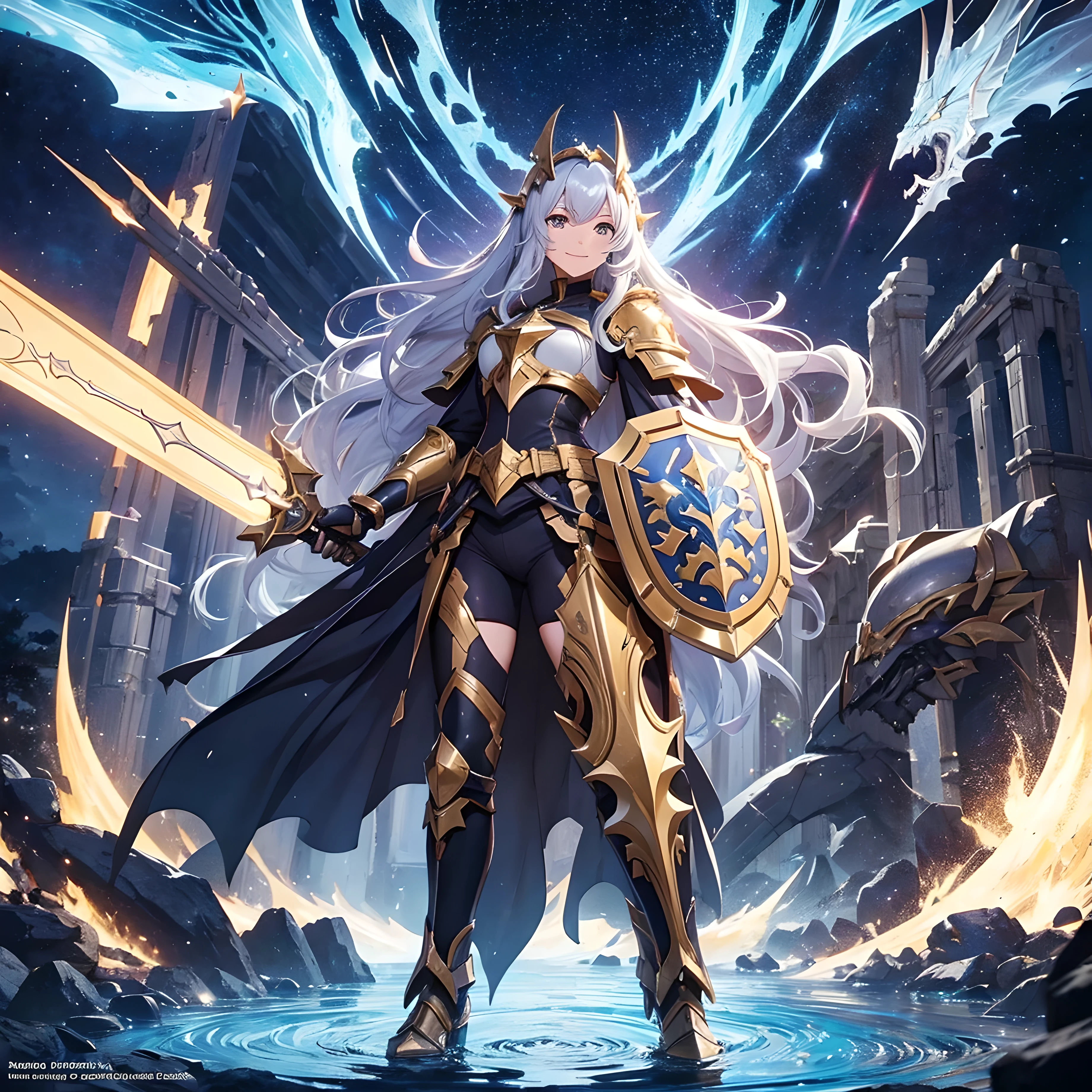 ((Masterpiece, Highest quality)), Detailed face, Character Design Sheet, full body, Full of details, Multiple poses and expressions, smile, Highly detailed, Depth, Many parts, Beautiful paladin girl, holding a shield, big shield, Extremely beautiful, High Balance, Natural light, Lance, loose pant, black in color, starry sky, Star decoration, paladin costume, paladin concept art